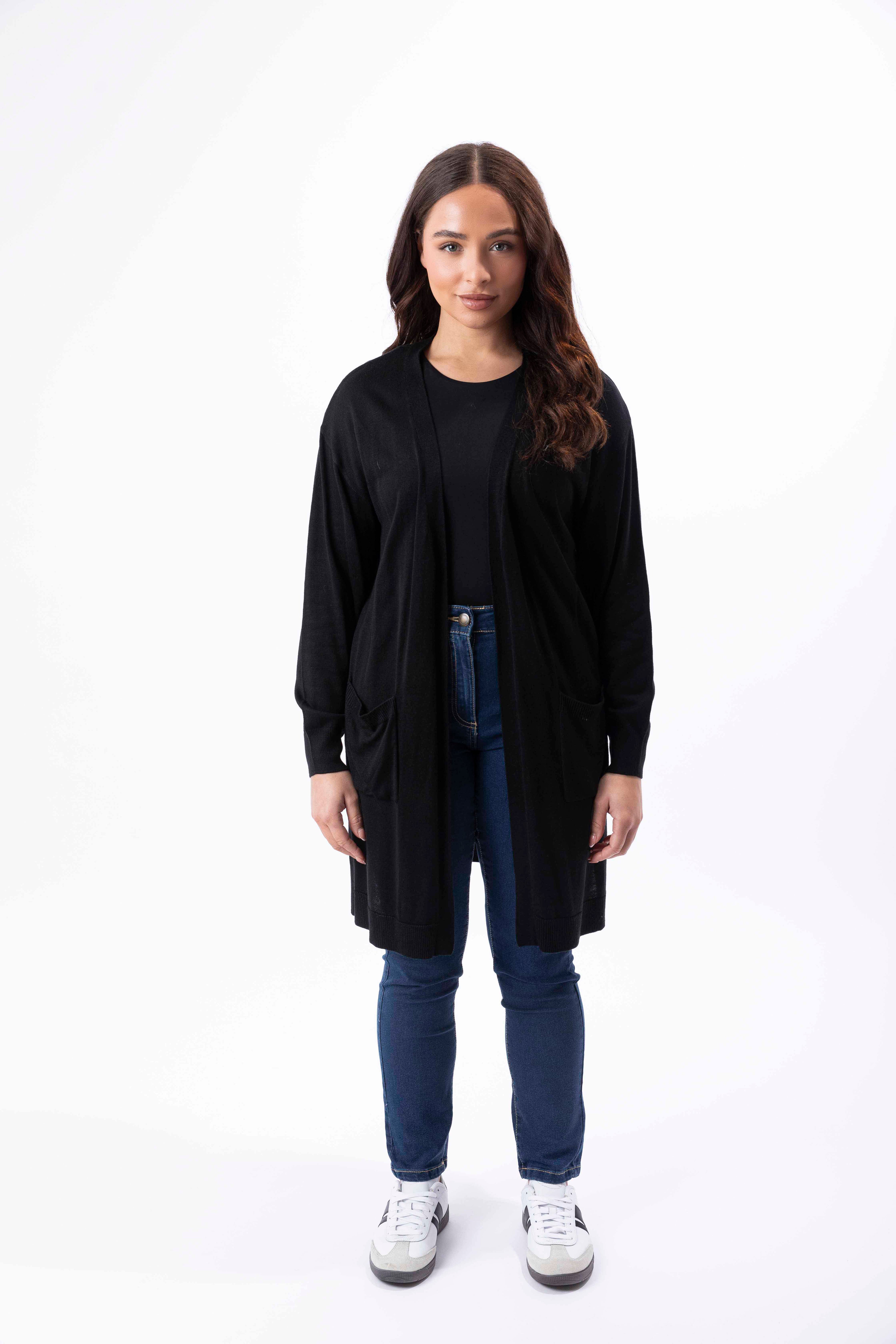 Flat Knit Front Pocket Open Longline Cardigan