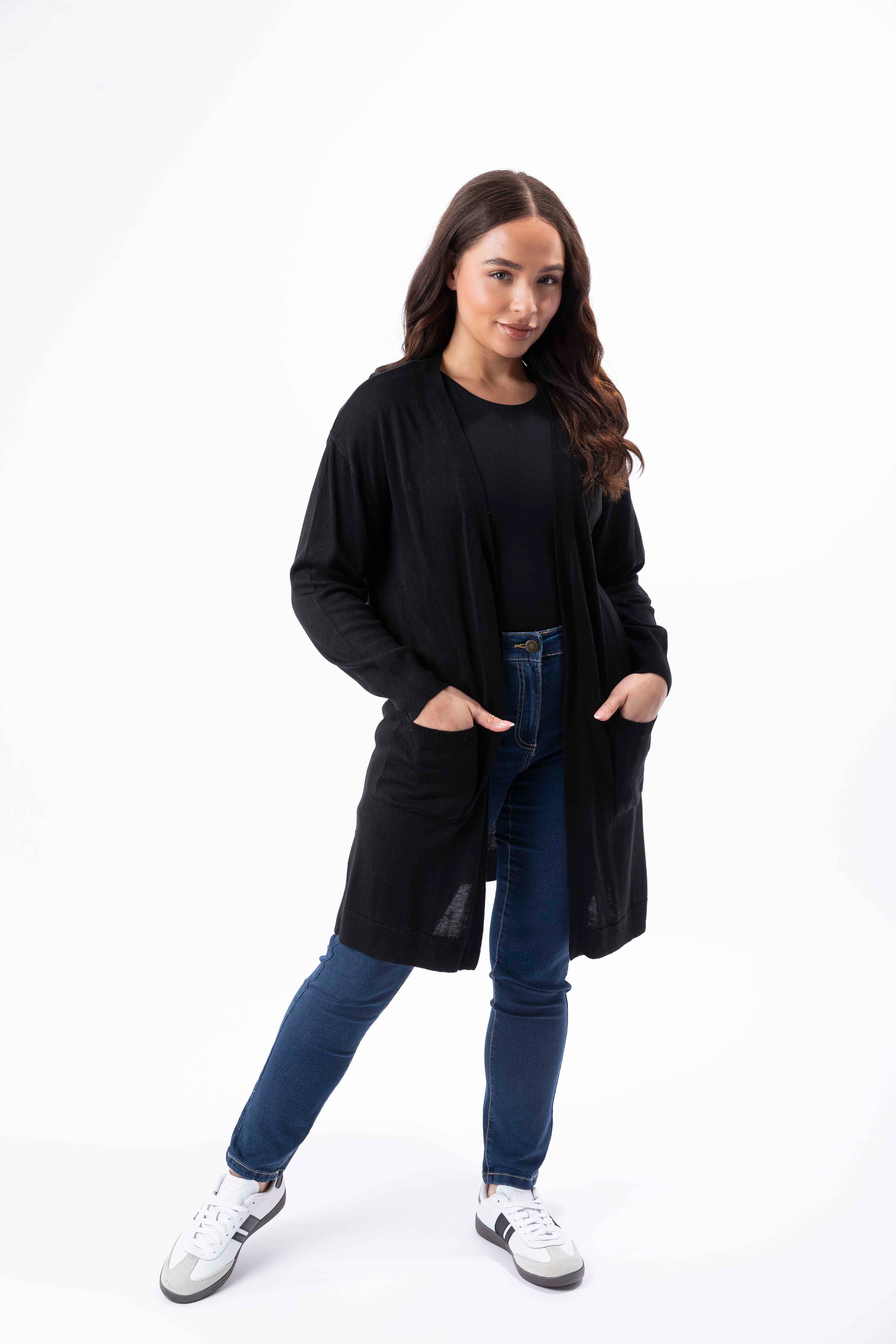 Flat Knit Front Pocket Open Longline Cardigan