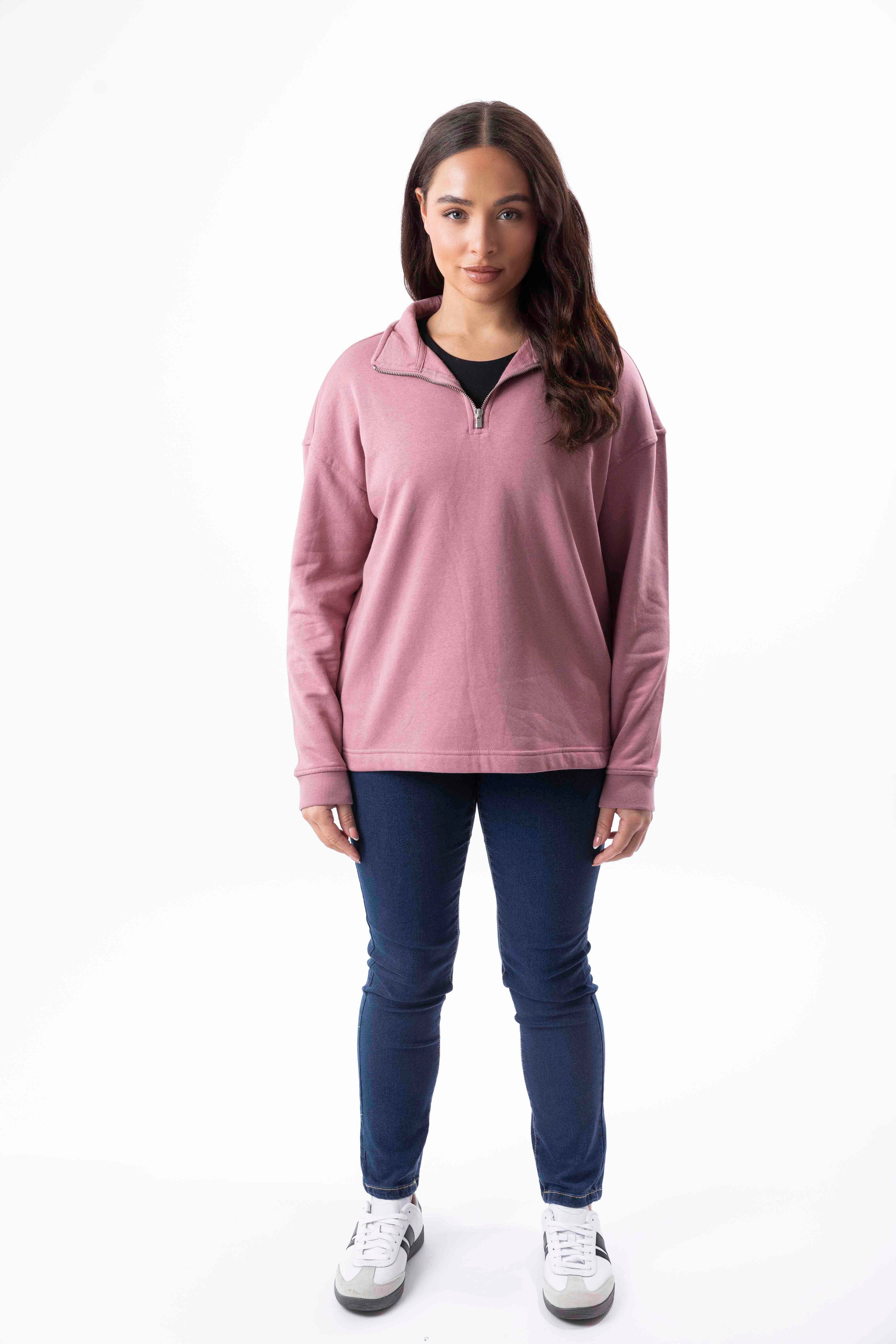 Fleeced Cotton Blend Mock Neck Zip Sweatshirt