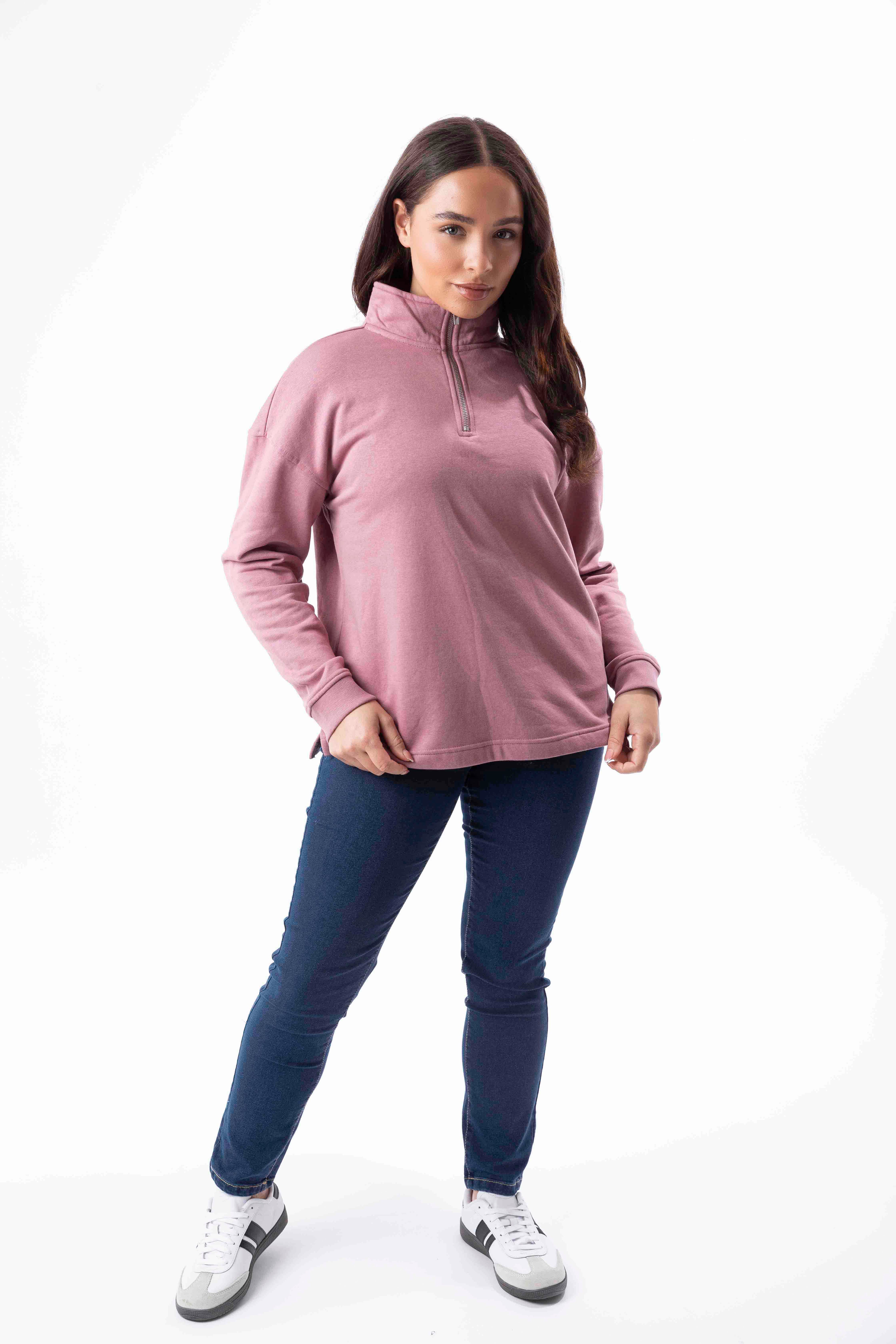 Fleeced Cotton Blend Mock Neck Zip Sweatshirt