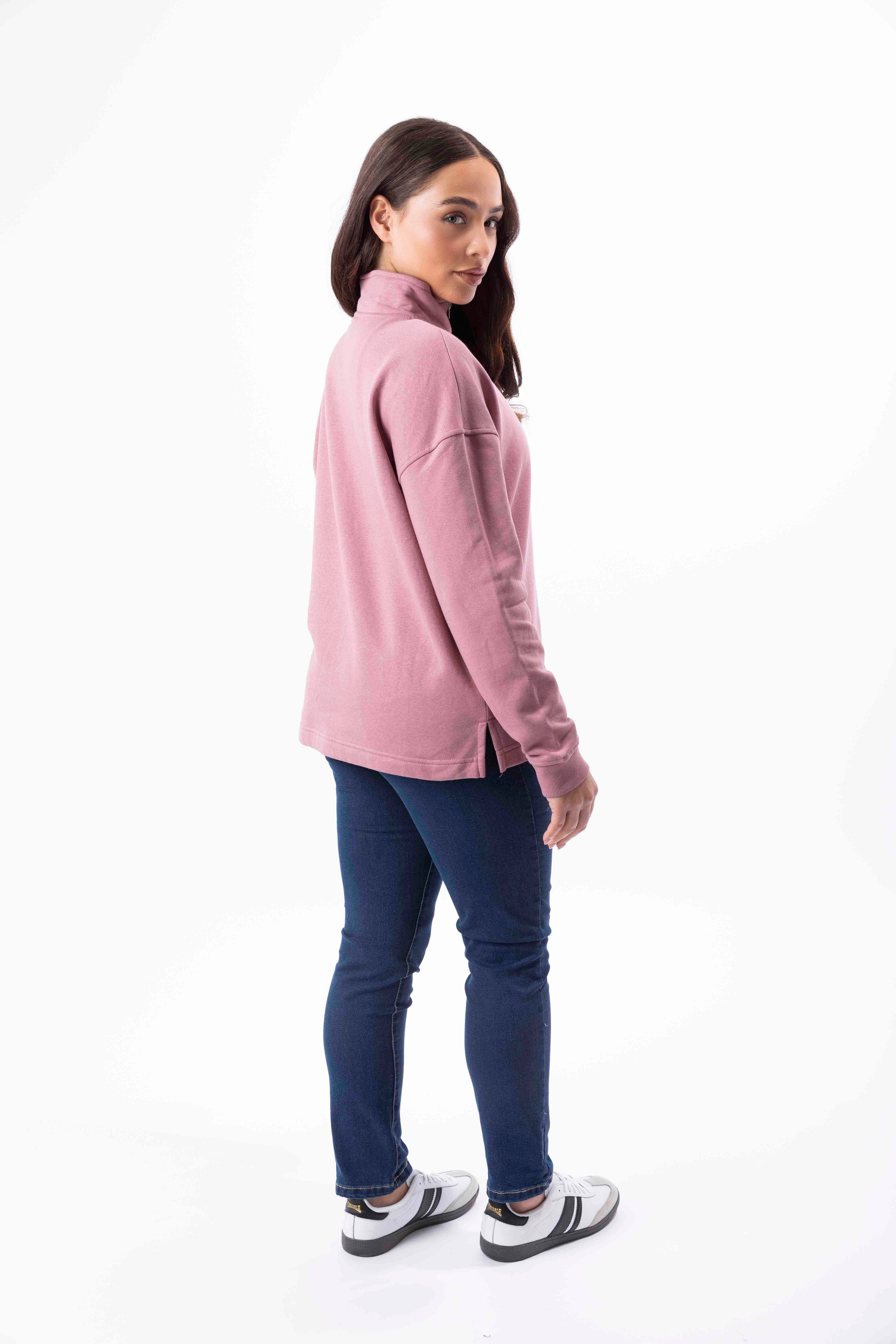 Fleeced Cotton Blend Mock Neck Zip Sweatshirt