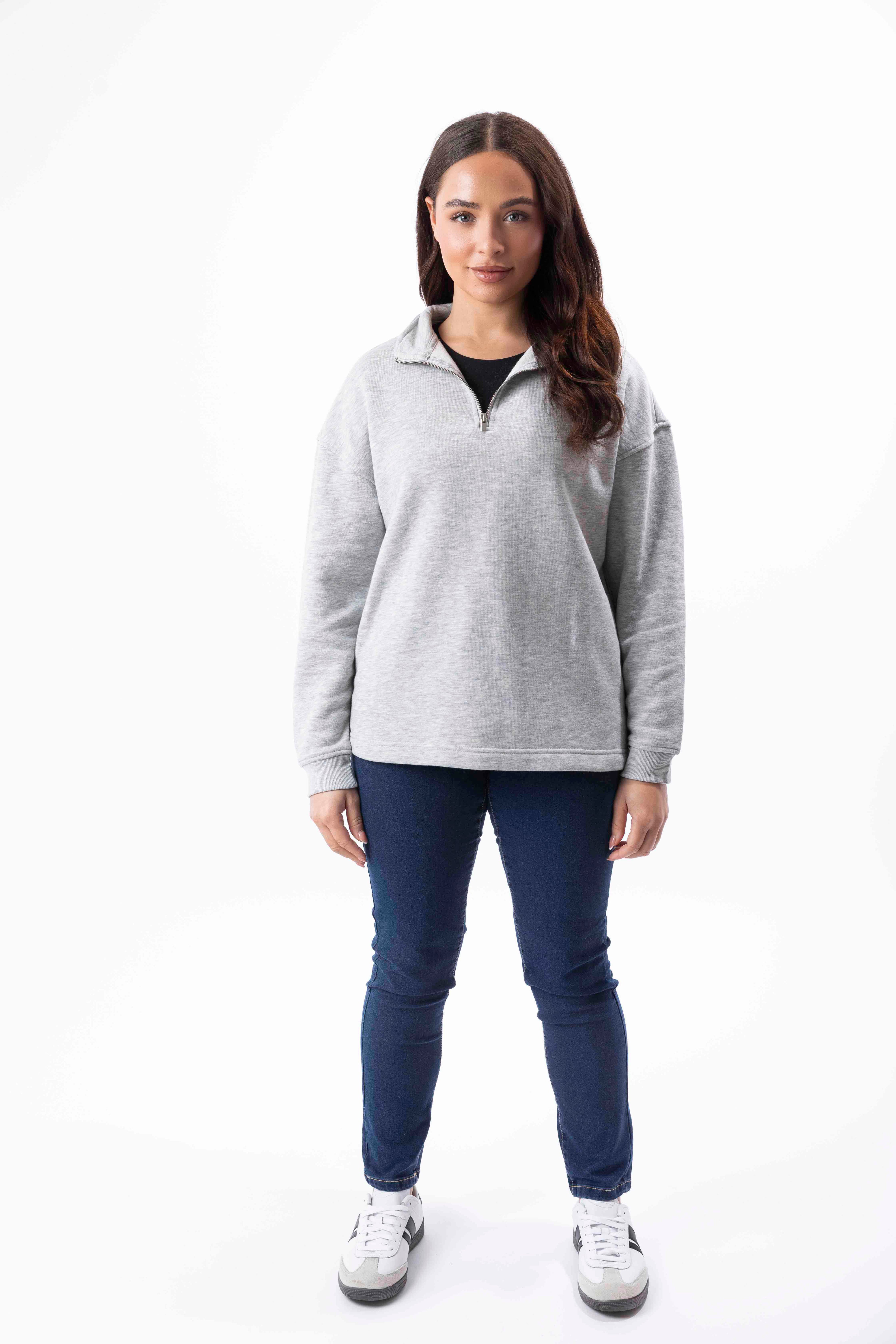 Fleeced Cotton Blend Mock Neck Zip Sweatshirt