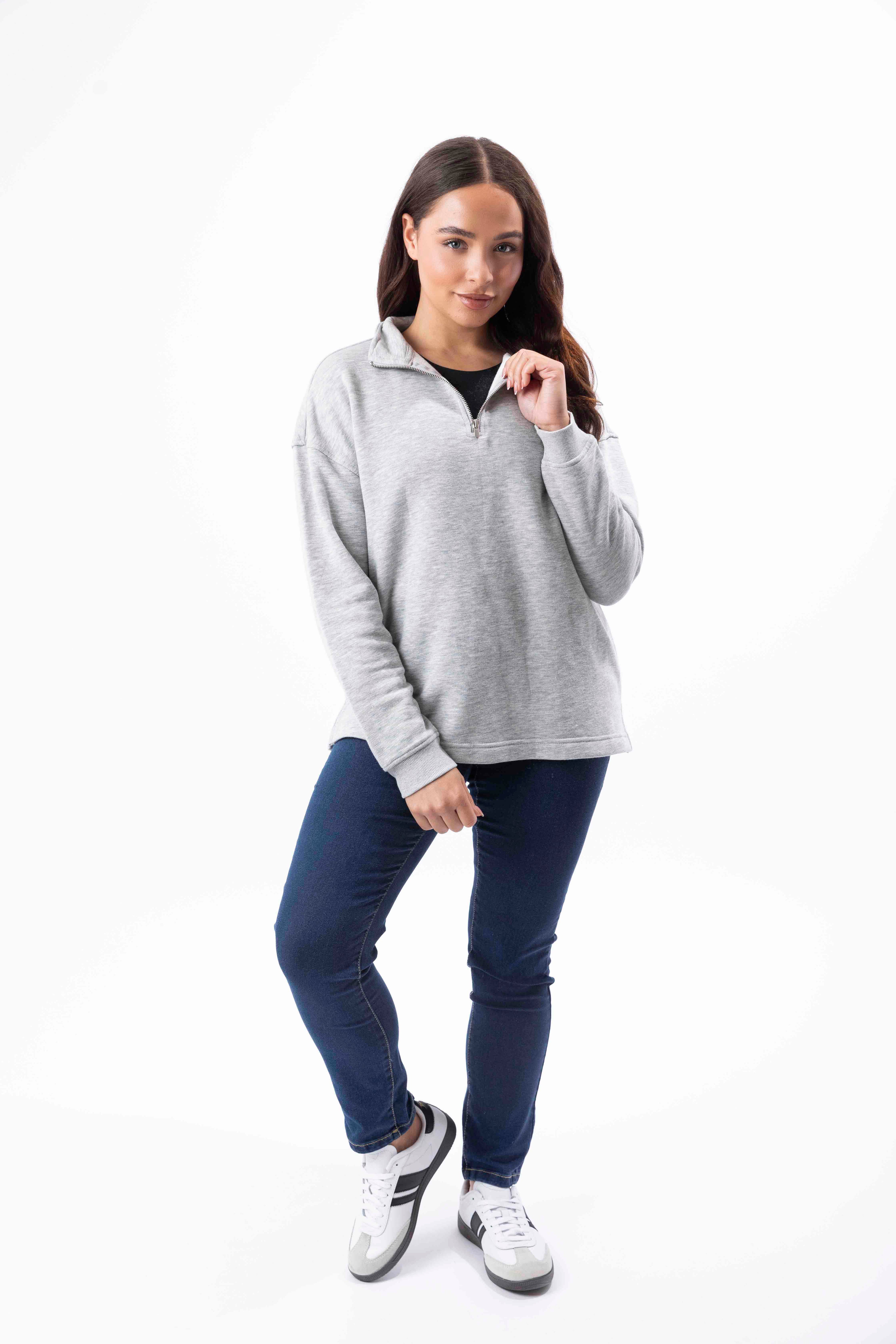 Fleeced Cotton Blend Mock Neck Zip Sweatshirt