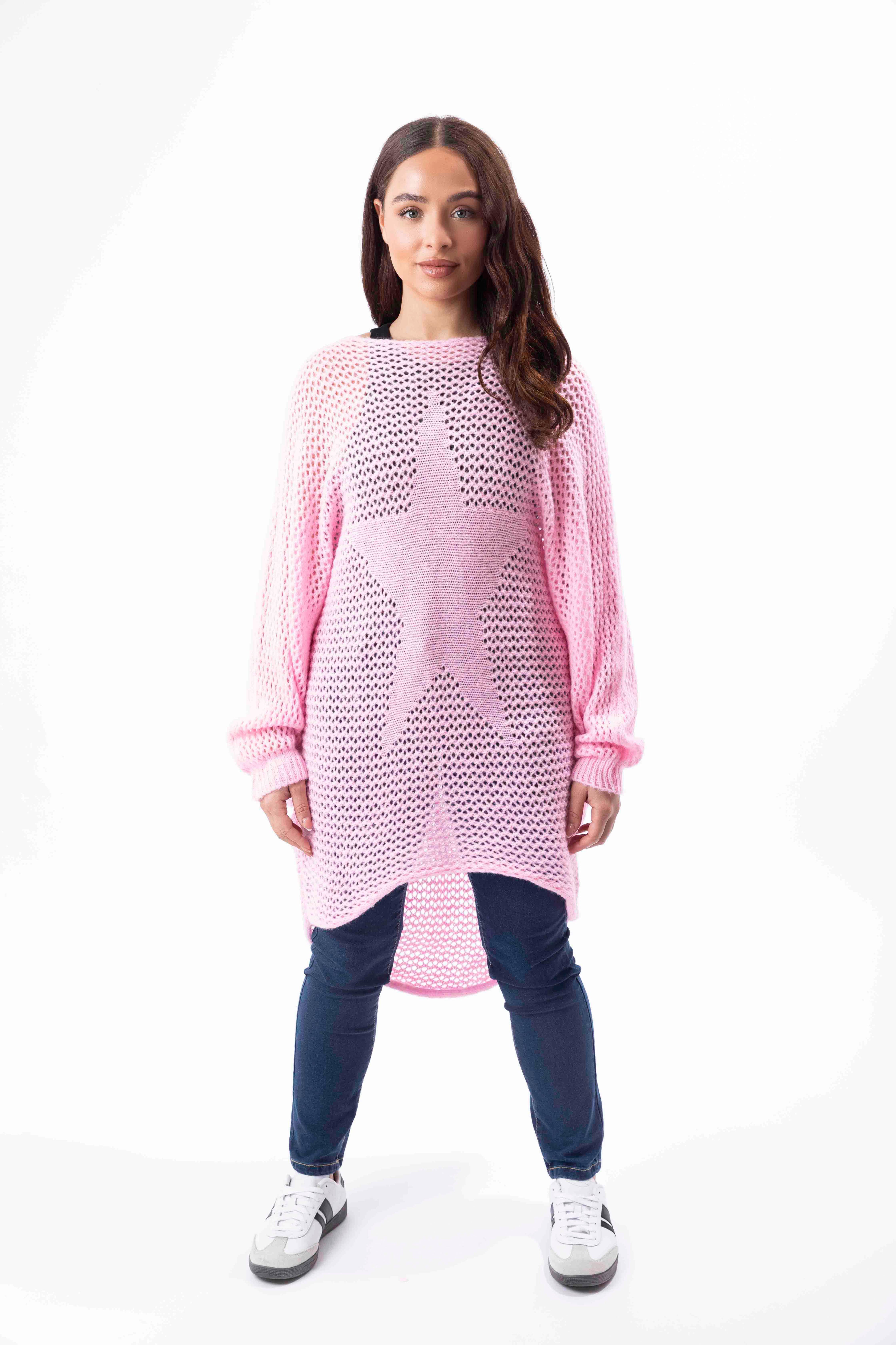 Hollow Knit Bat Sleeve Relaxed Fit Hi-Low Longline Jumper-SinglePrice