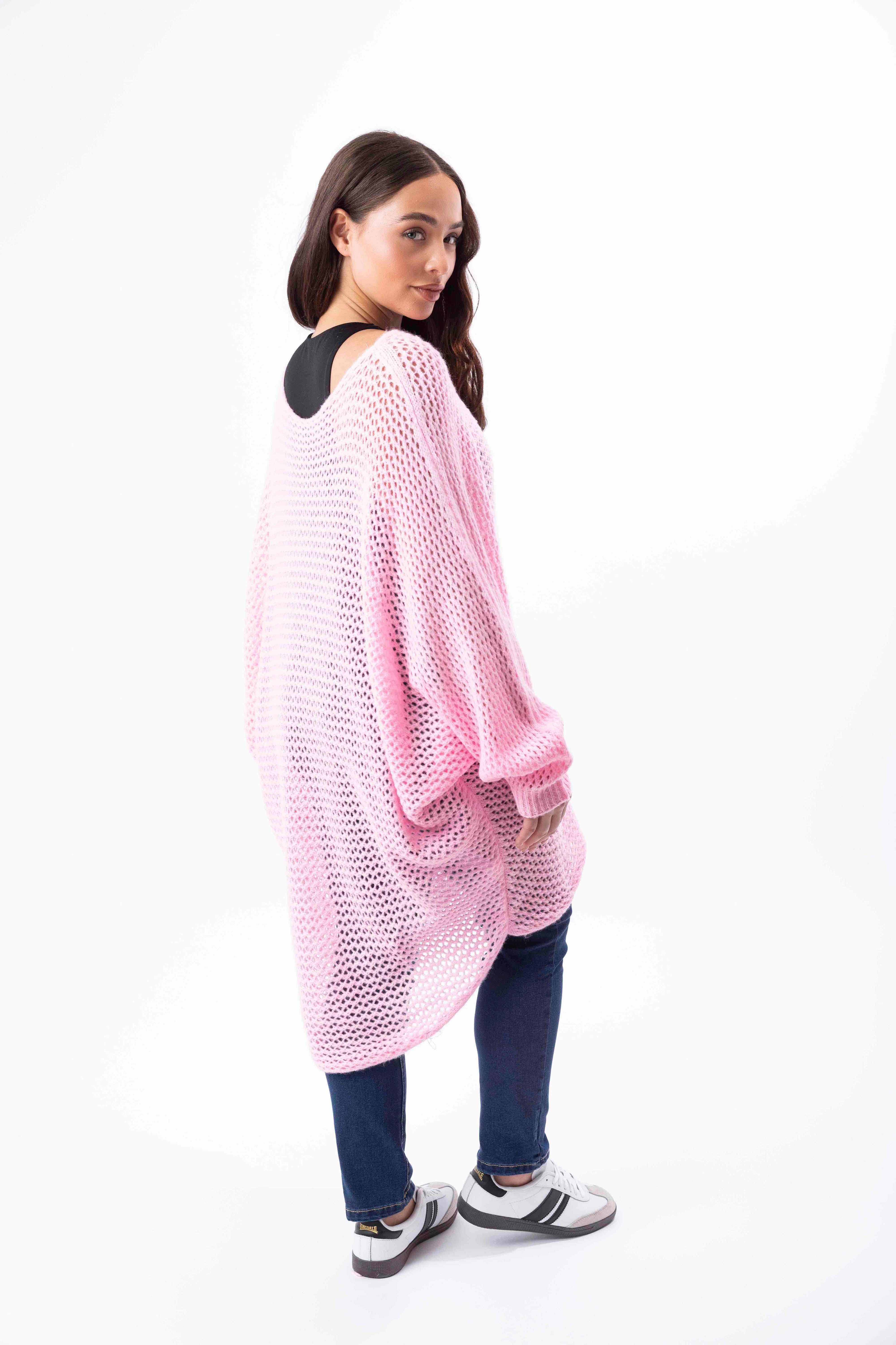 Hollow Knit Bat Sleeve Relaxed Fit Hi-Low Longline Jumper-SinglePrice