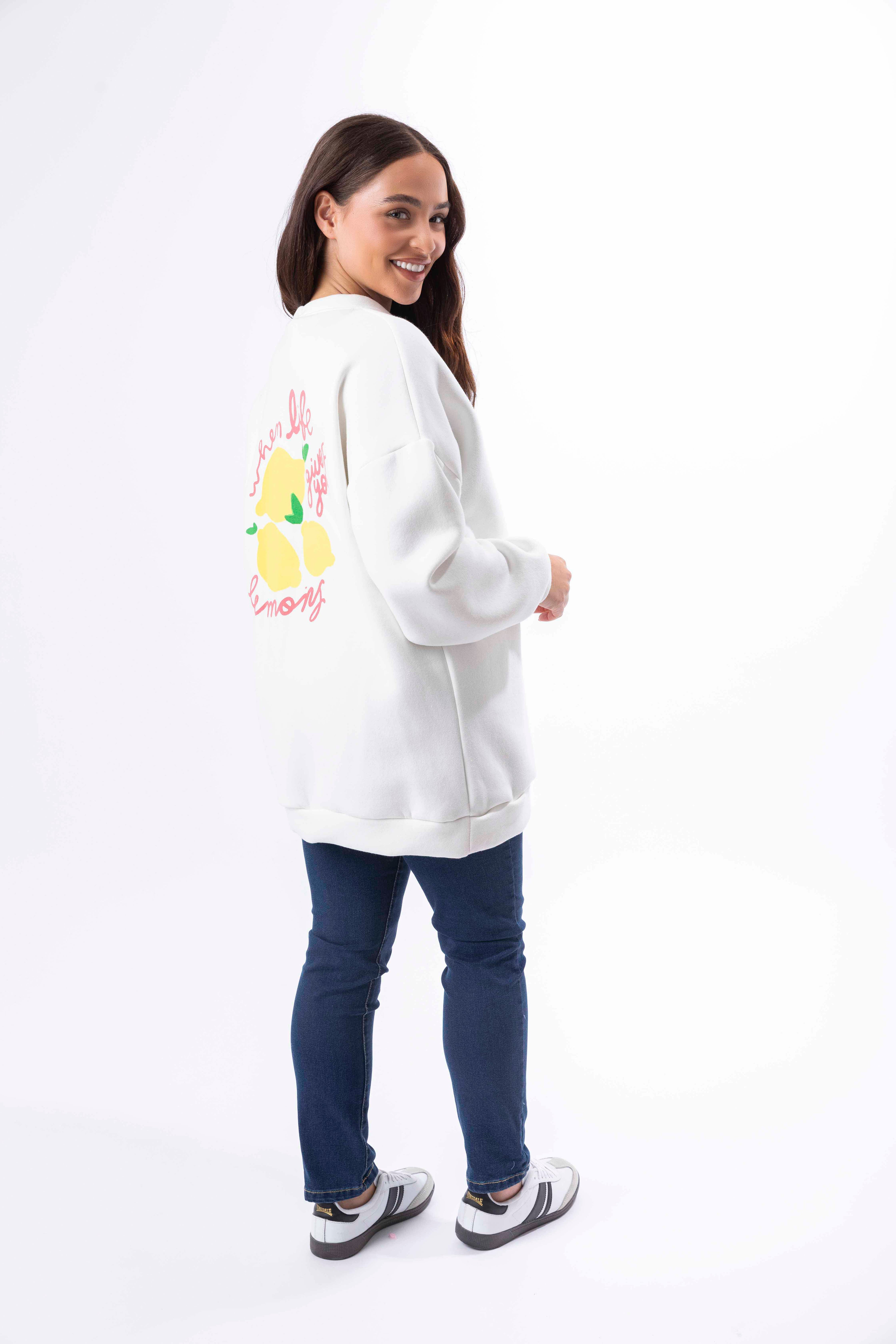 Fleeced Longline Printed Cotton Sweatshirt