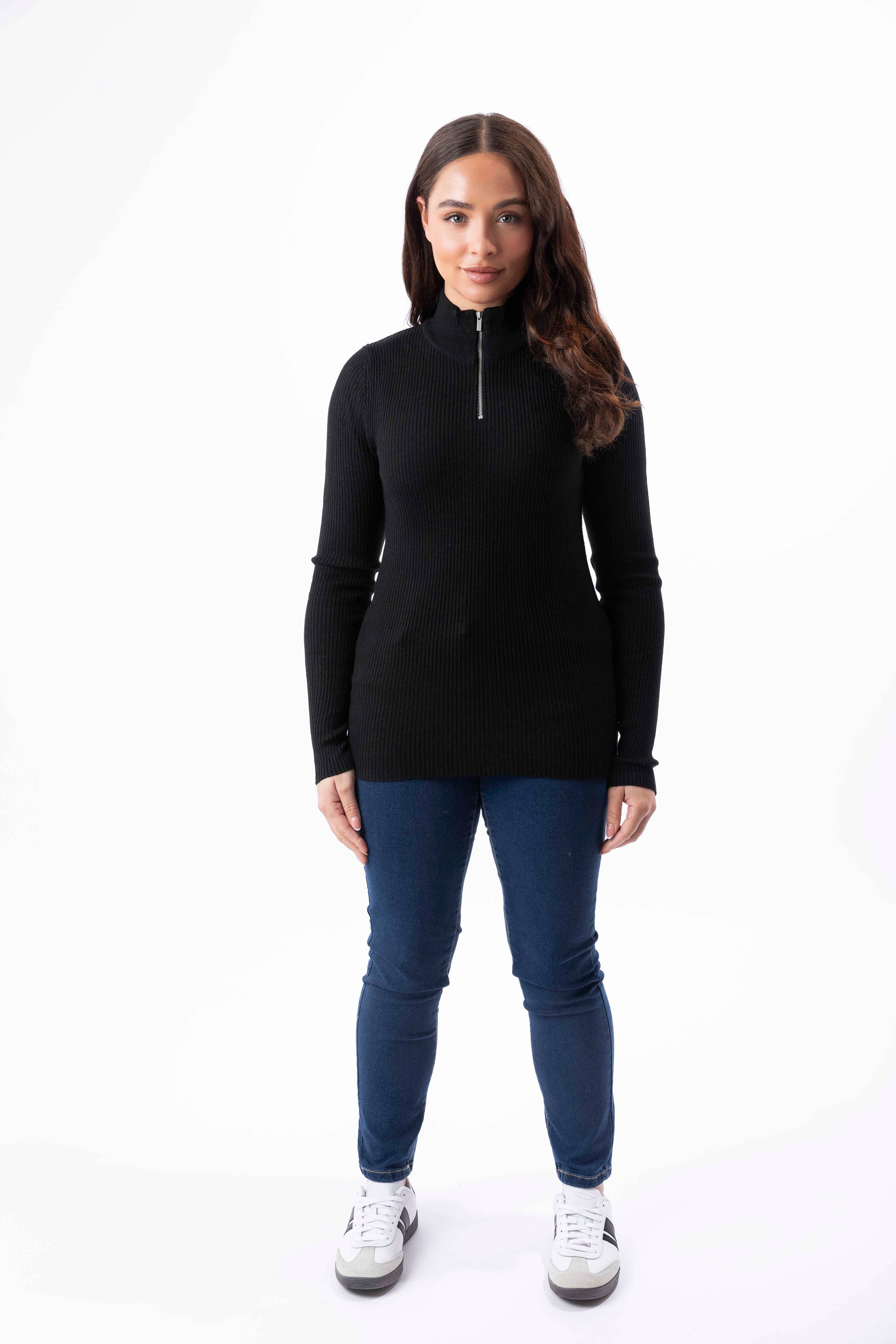 Cotton Ribbed Knitted Half Zip Black Jumper