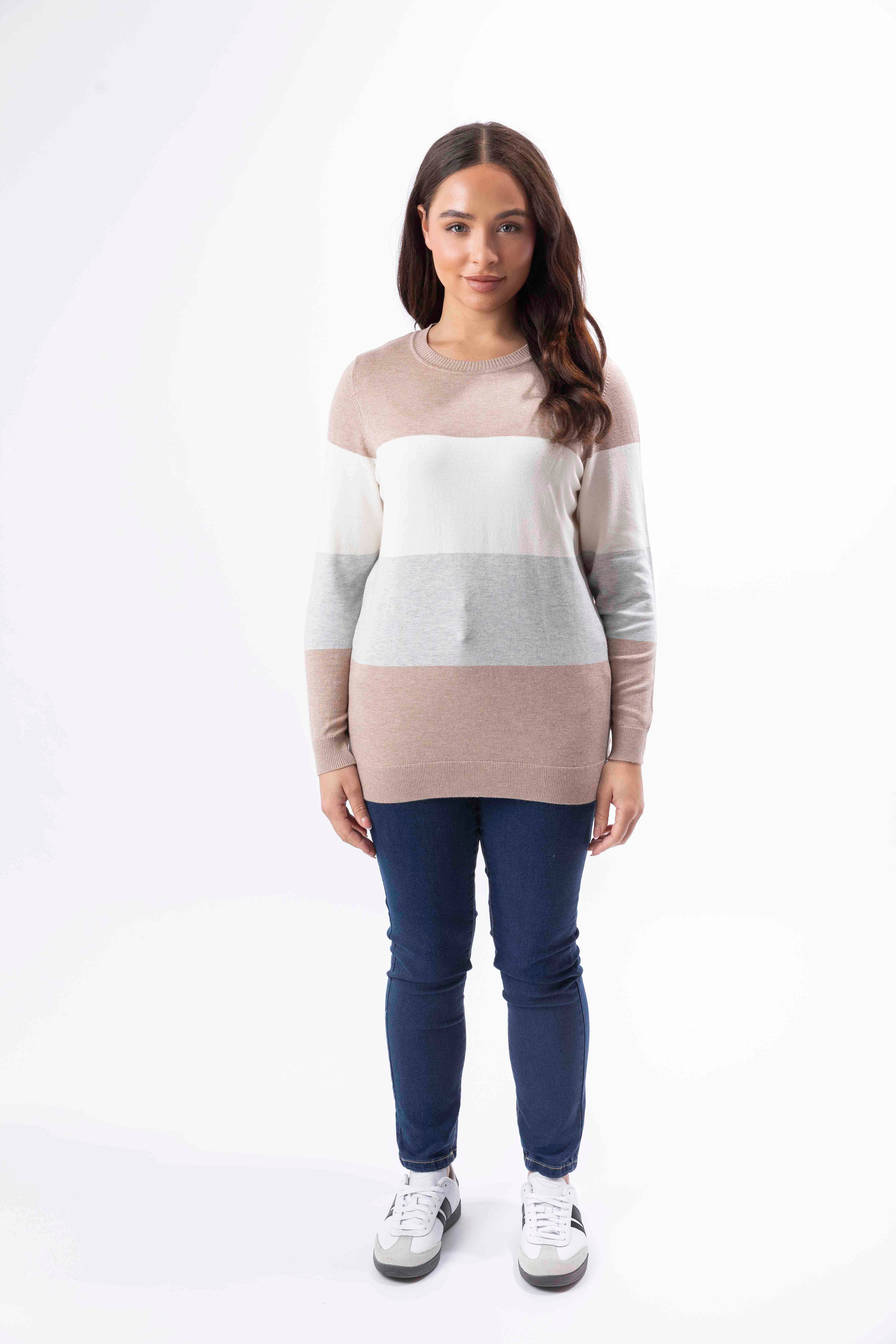 Colour Block Stripe Viscose Blend Thin Knit Longline Jumper