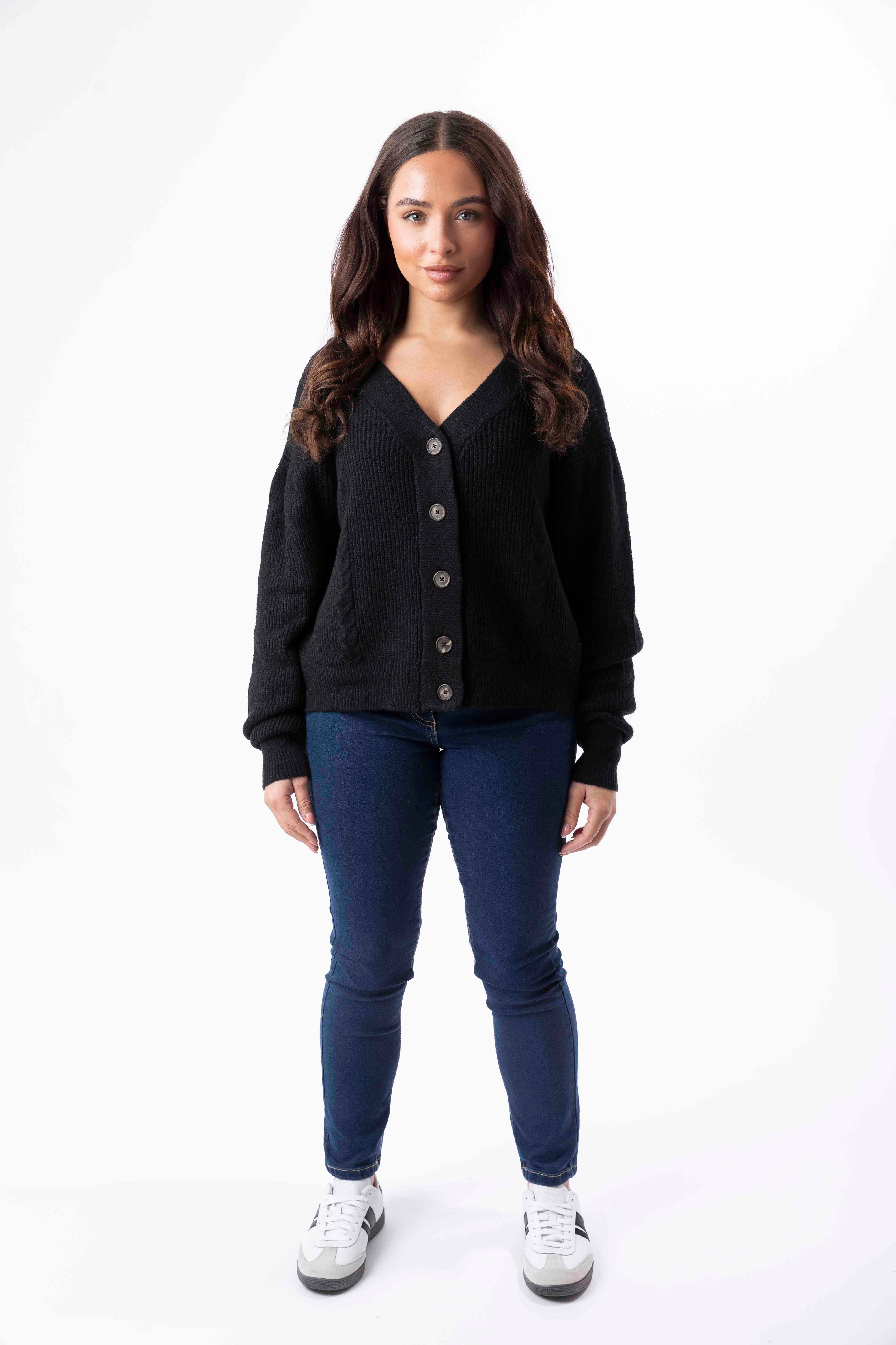 Chunky Knit V-Cut Button Black Cardigan