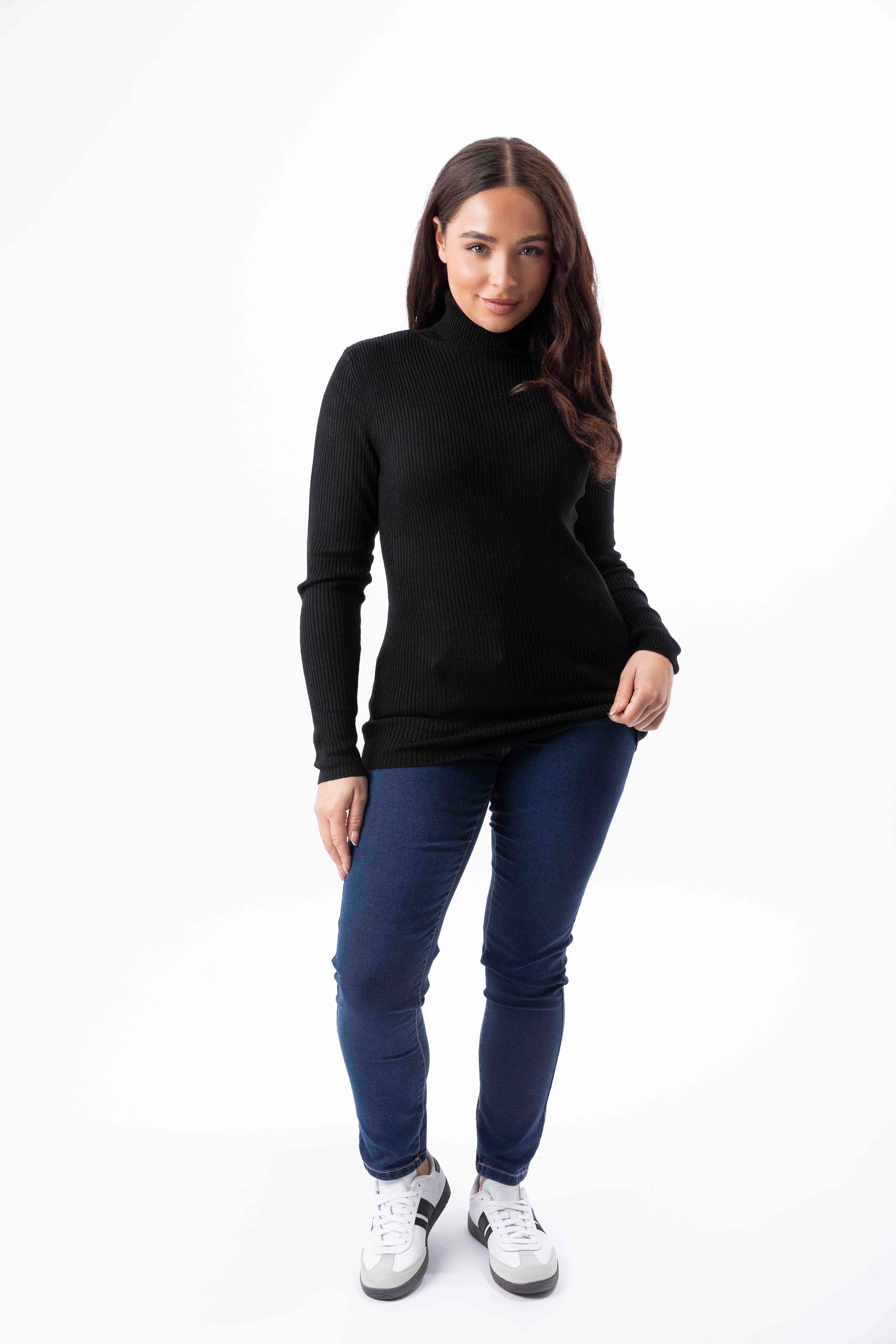 Ribbed Knit Longline Turtleneck Jumper