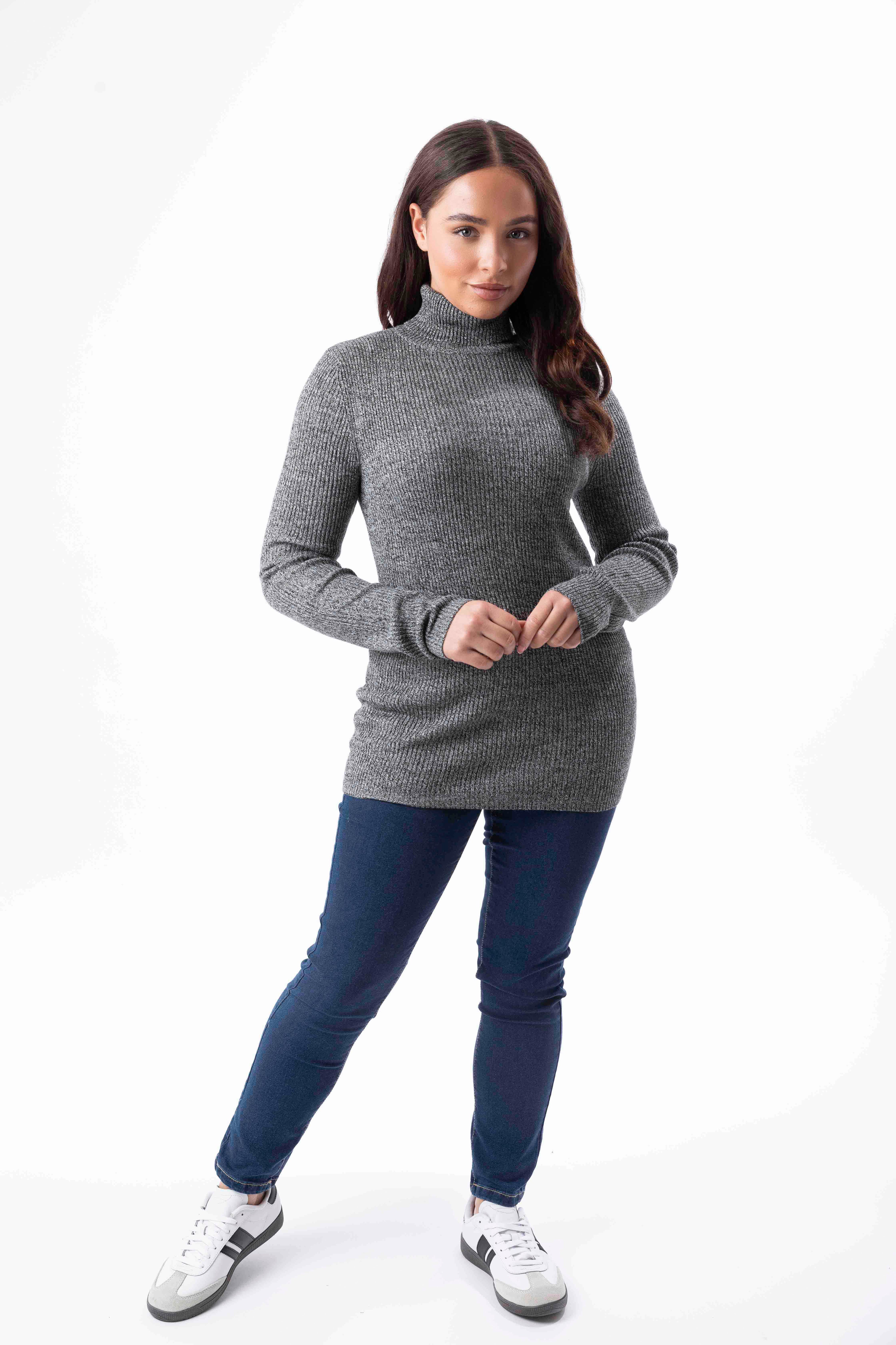 Ribbed Knit Longline Turtleneck Jumper