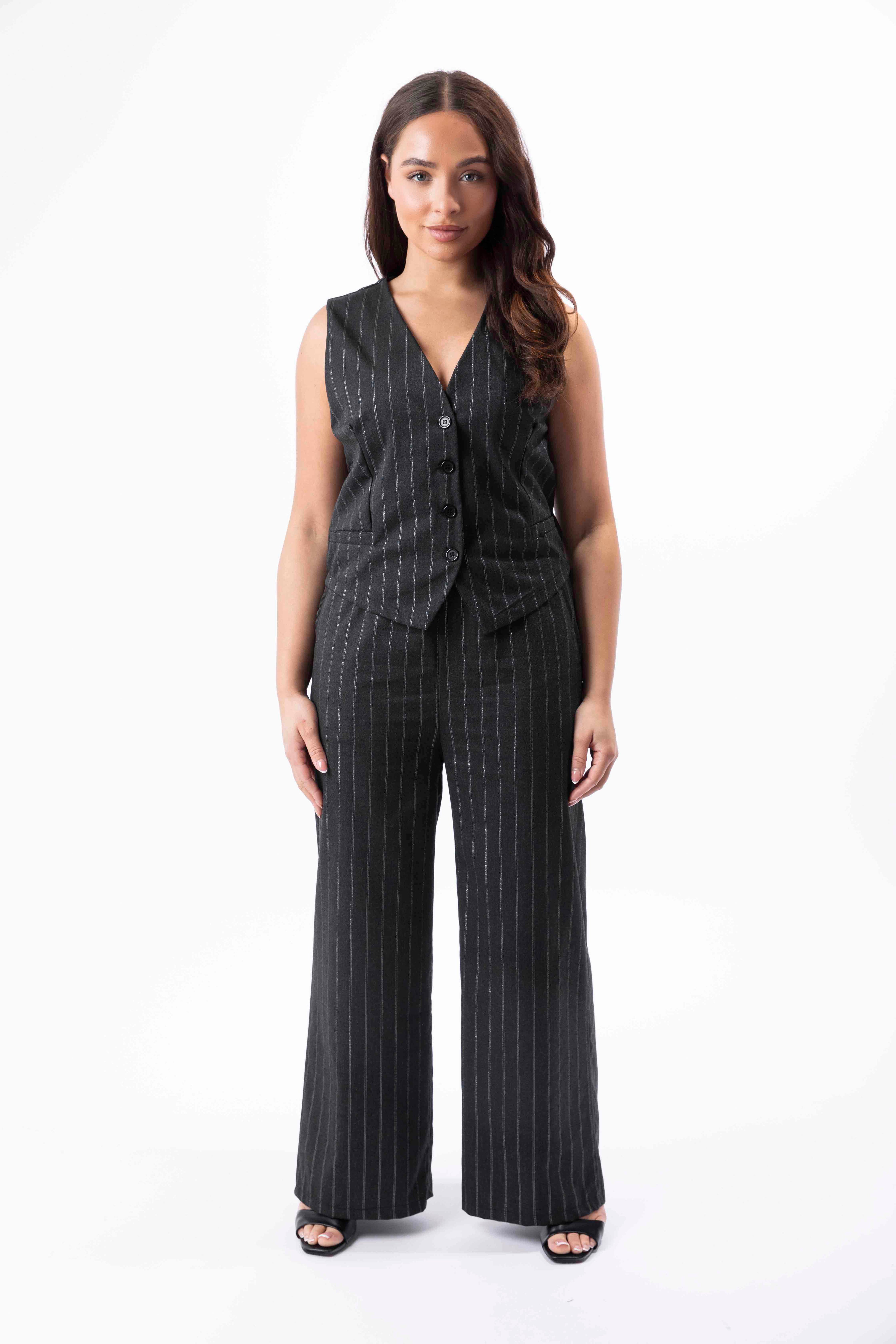 Elasticated Waist Wide Leg Trousers And Waistcoat Striped Smart Set