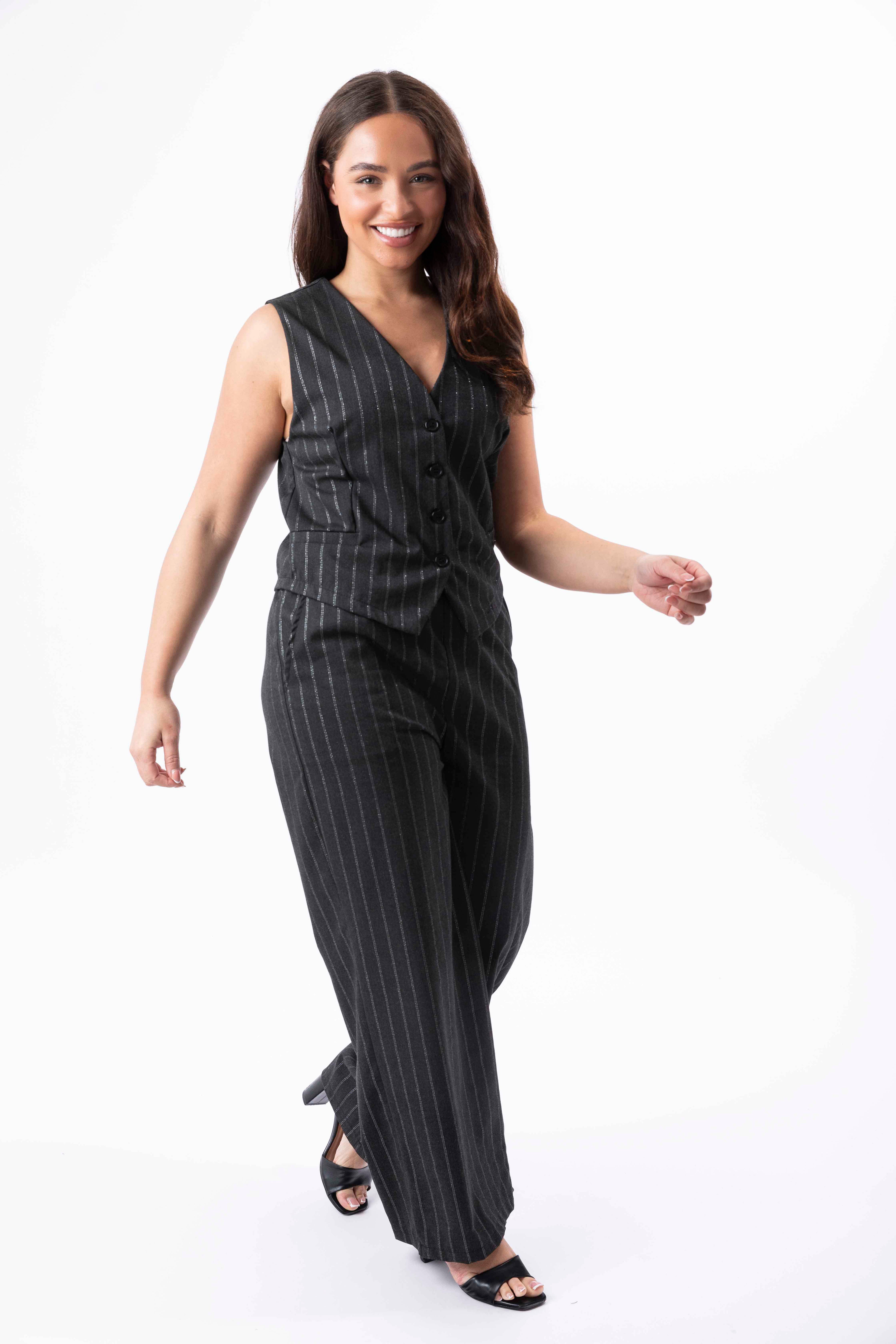 Elasticated Waist Wide Leg Trousers And Waistcoat Striped Smart Set