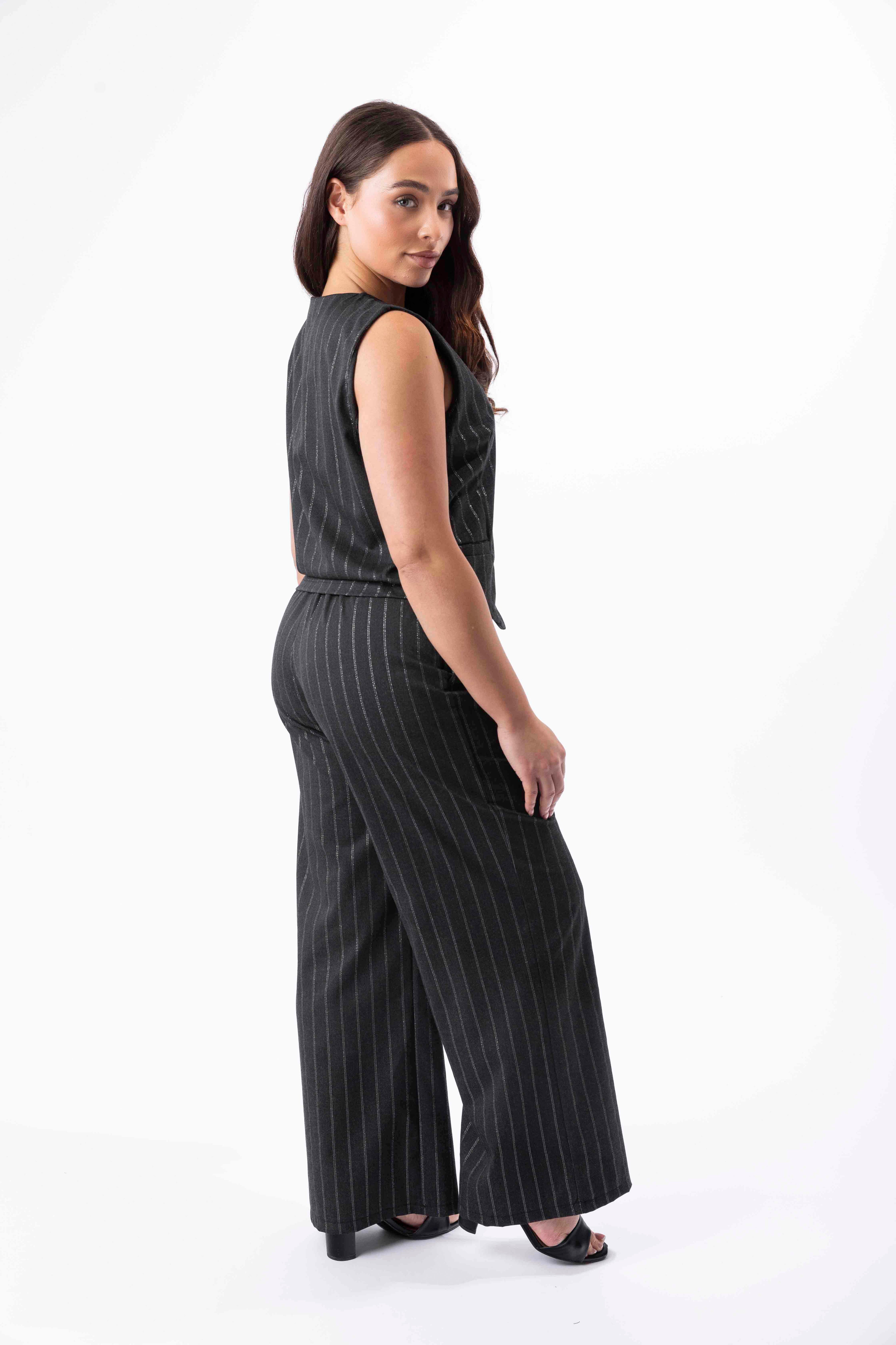 Elasticated Waist Wide Leg Trousers And Waistcoat Striped Smart Set