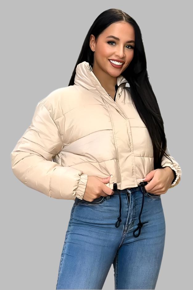 Drawstring Hem High Neck Cropped Puffer Jacket-SinglePrice