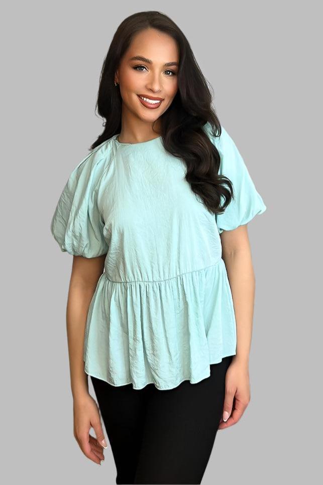 Aqua Crepe Fabric Lantern Sleeves Blouse-SinglePrice