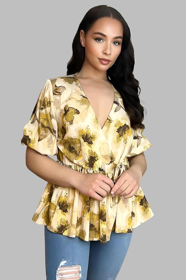 Floral Beige Print V-Neck Blouse-SinglePrice