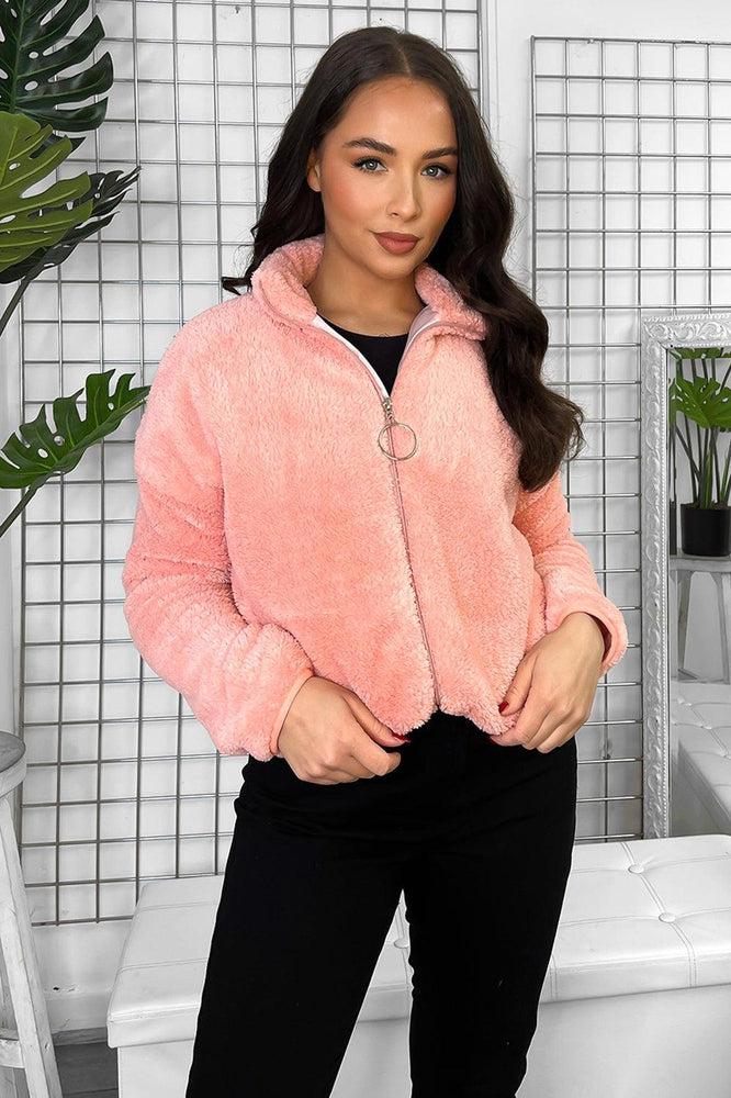 Pink faux teddy fur hotsell bomber jacket