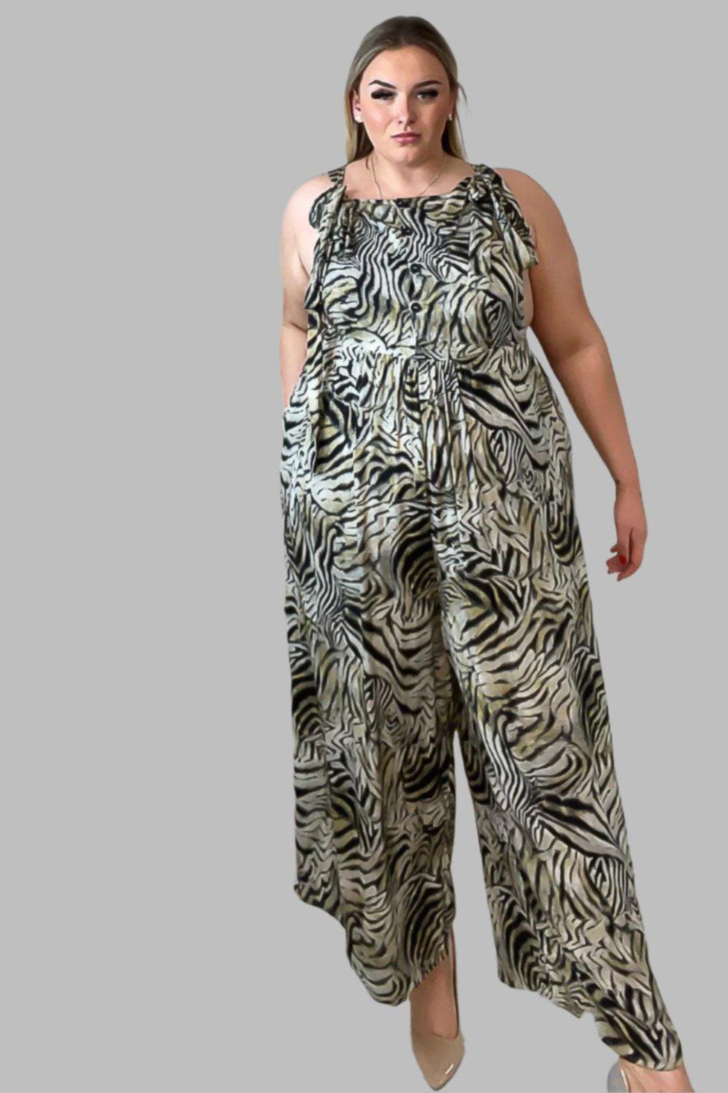 Zebra Print Shoulder Ties Jumpsuit-SinglePrice