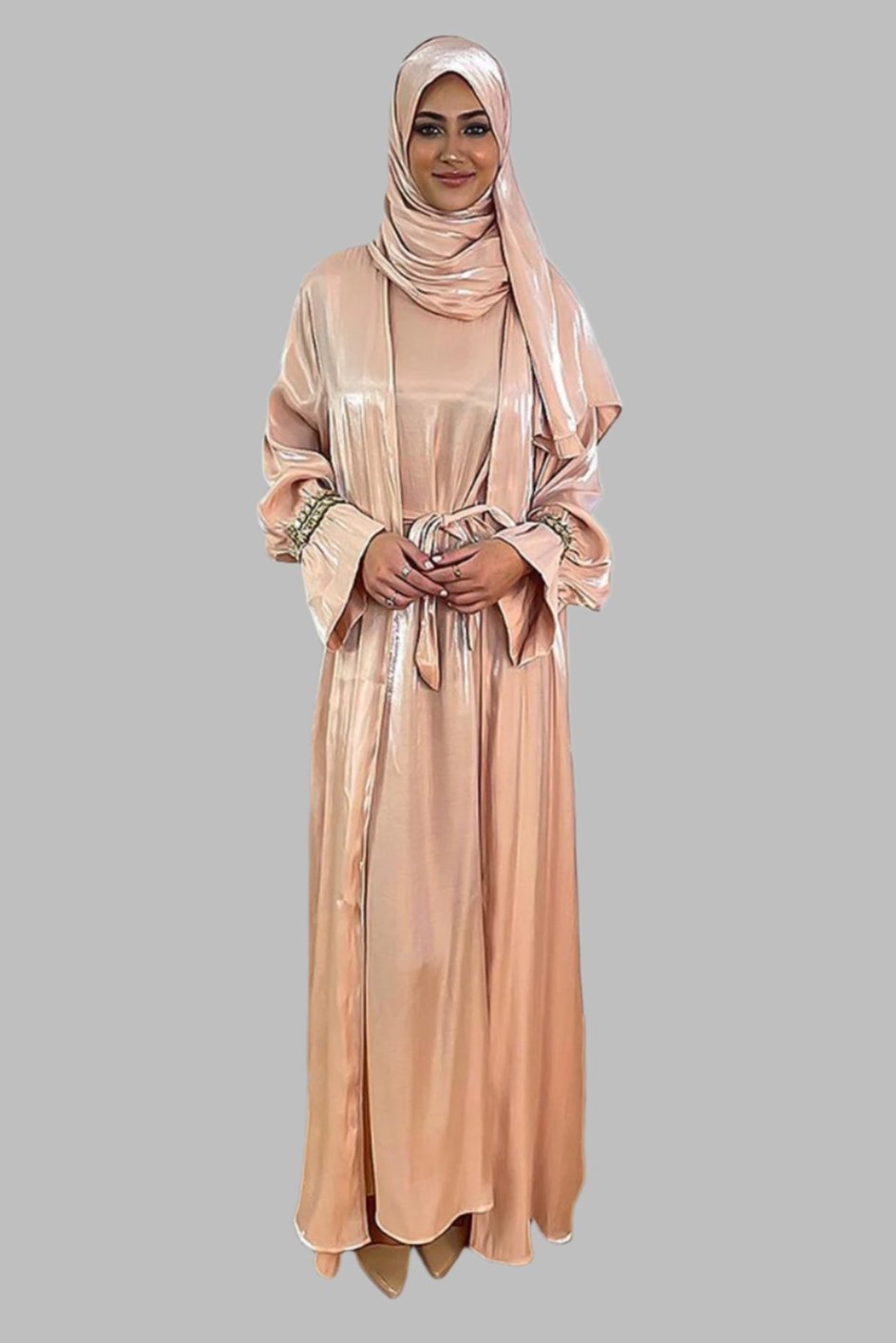 Embellished Sleeves Shimmer Organza Modest Dress And Hijab Scarf Set-SinglePrice