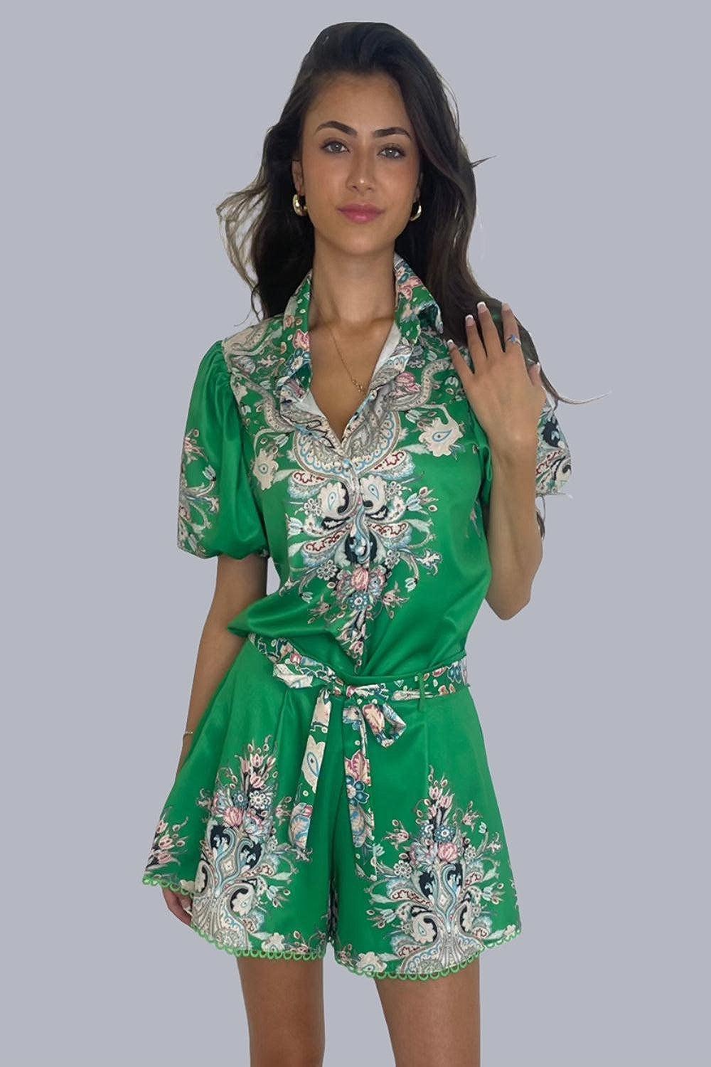 Satin Baroque Print Blouse And Tie Up Skater Shorts Co-ord Set