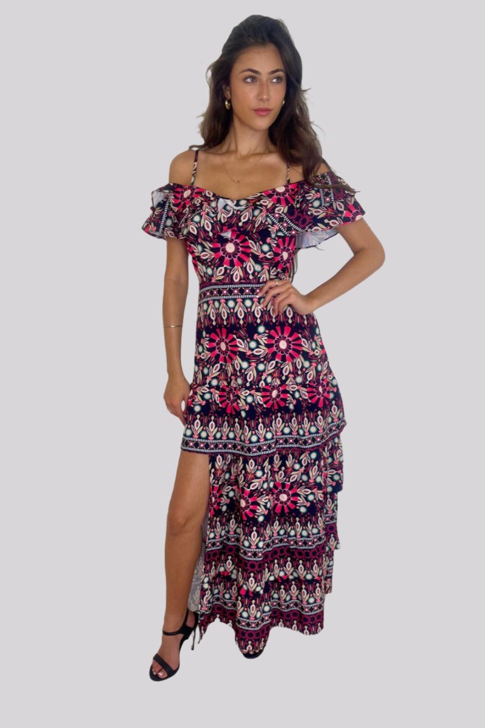 Side Slit Frill Off Shoulder Vibrant Print Spanish Maxi Dress-SinglePrice