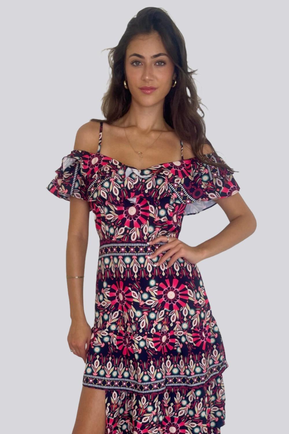 Side Slit Frill Off Shoulder Vibrant Print Spanish Maxi Dress-SinglePrice