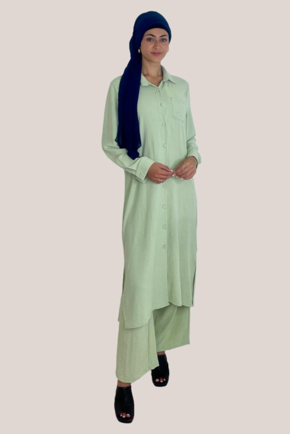 Classic Longline Button Down Shirt And Wide Leg Trousers Coord Set-SinglePrice