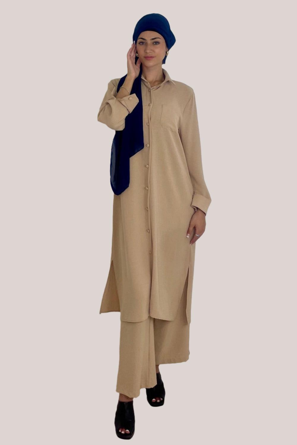 Classic Longline Button Down Shirt And Wide Leg Trousers Coord Set-SinglePrice