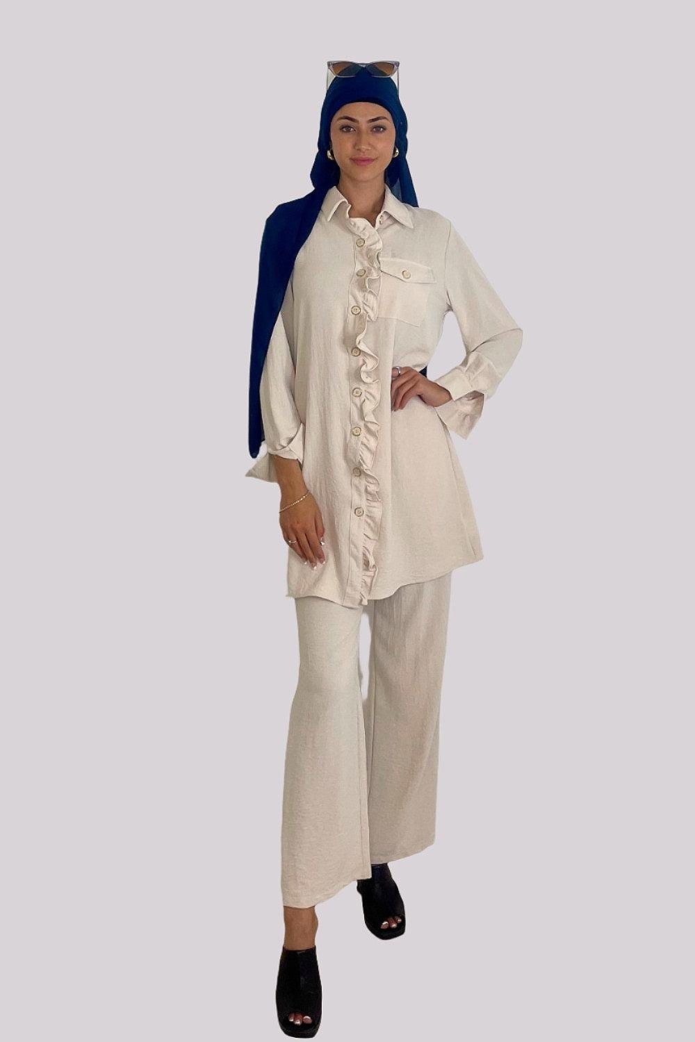 Frill Hem Blouse And Wide Leg Trousers Crinkled Coord Set-SinglePrice