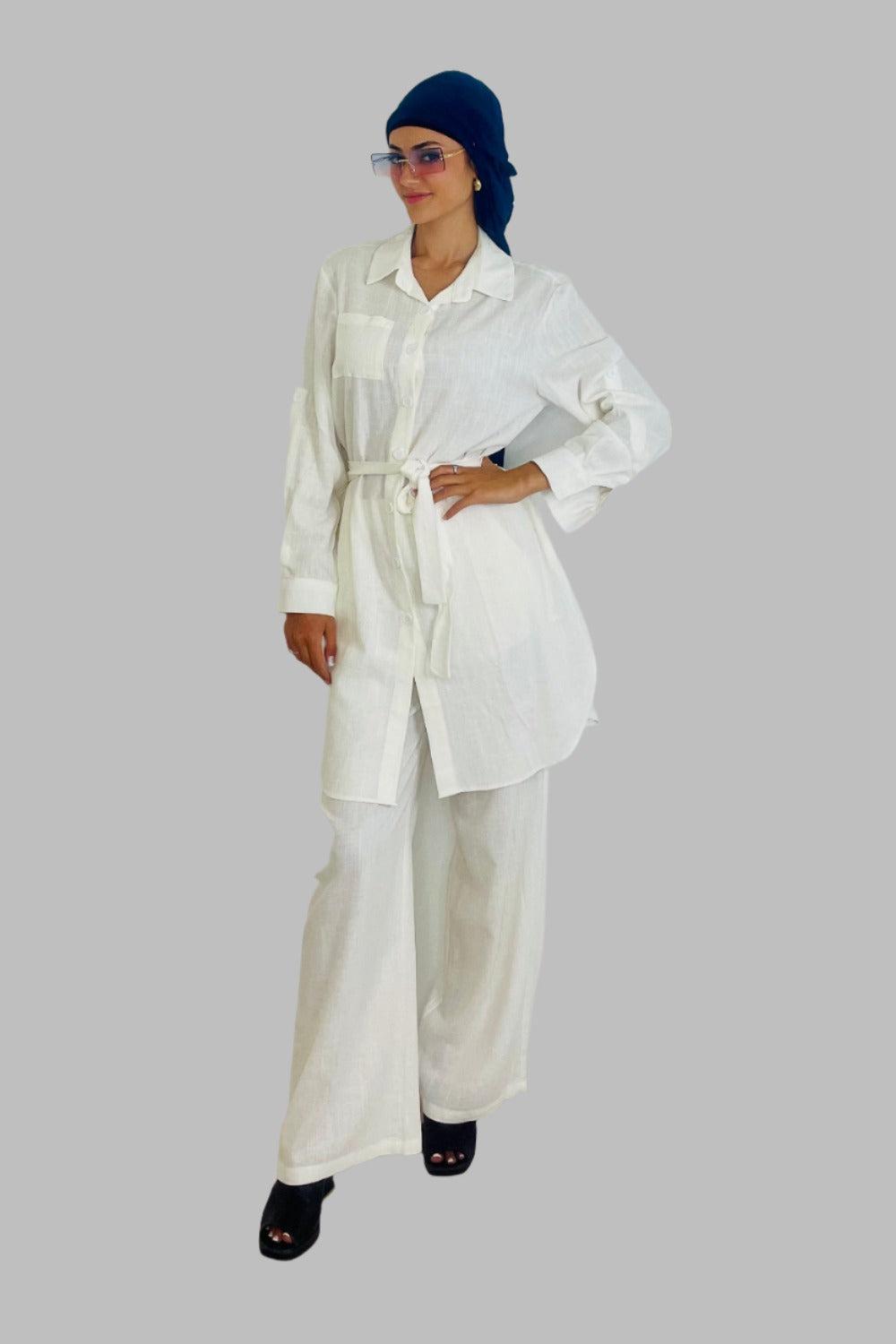 Modern Long Belted Shirt And Wide Leg Trousers Classic Modest Coord Set-SinglePrice