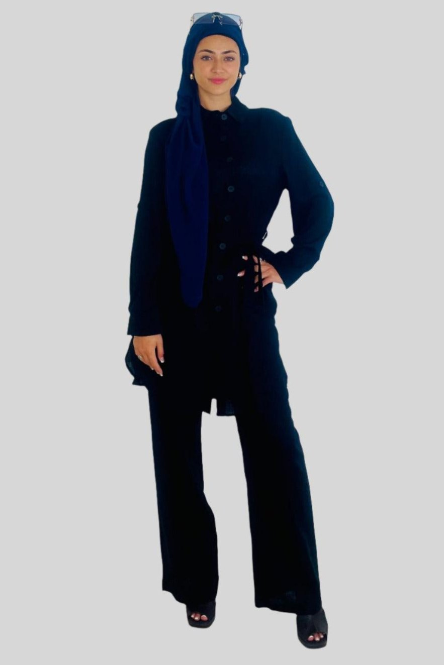 Modern Long Belted Shirt And Wide Leg Trousers Classic Modest Coord Set-SinglePrice