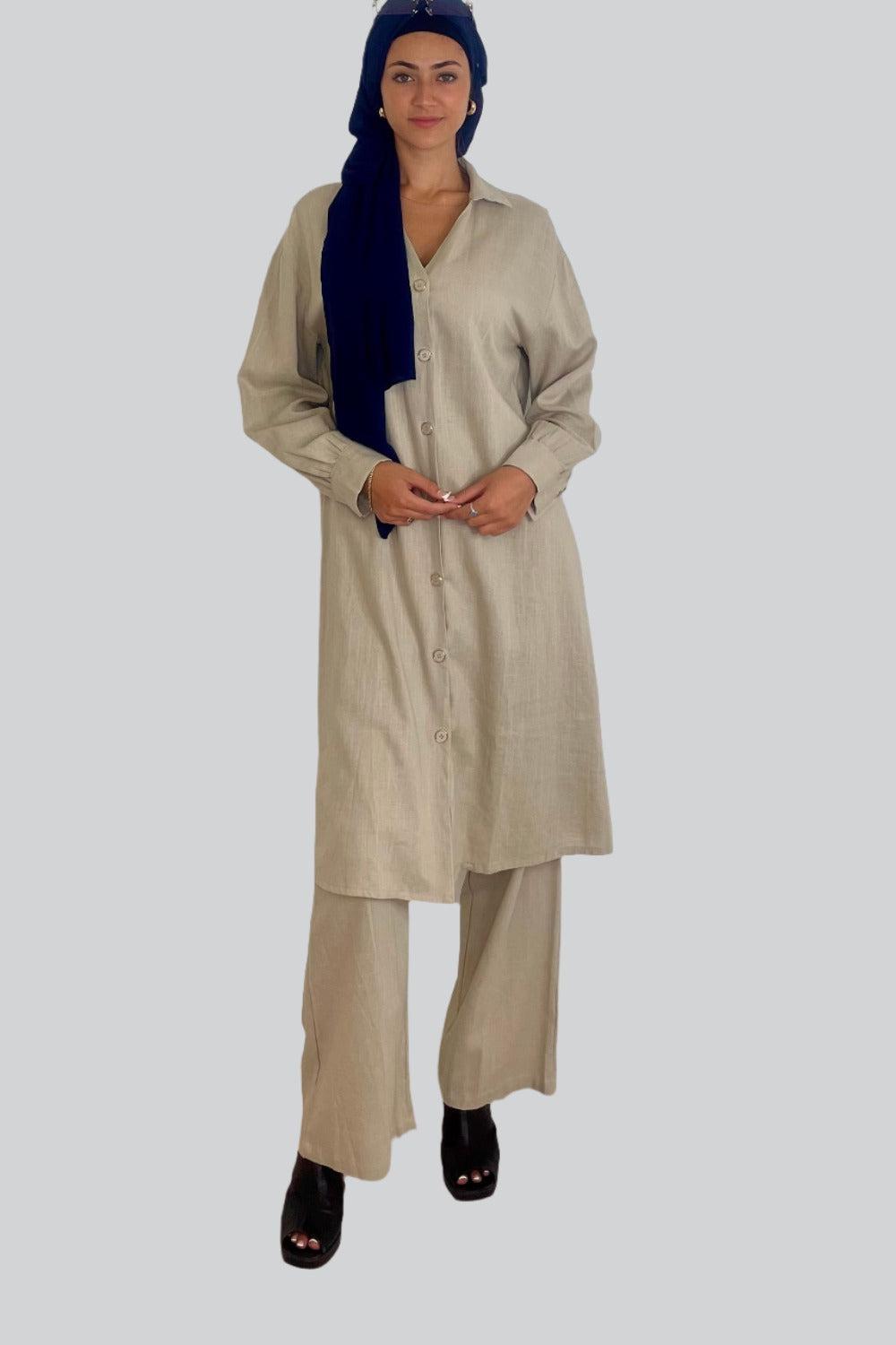 Deep V Neck Button Down Kurti And Wide Leg Trousers Traditional Coord Set-SinglePrice