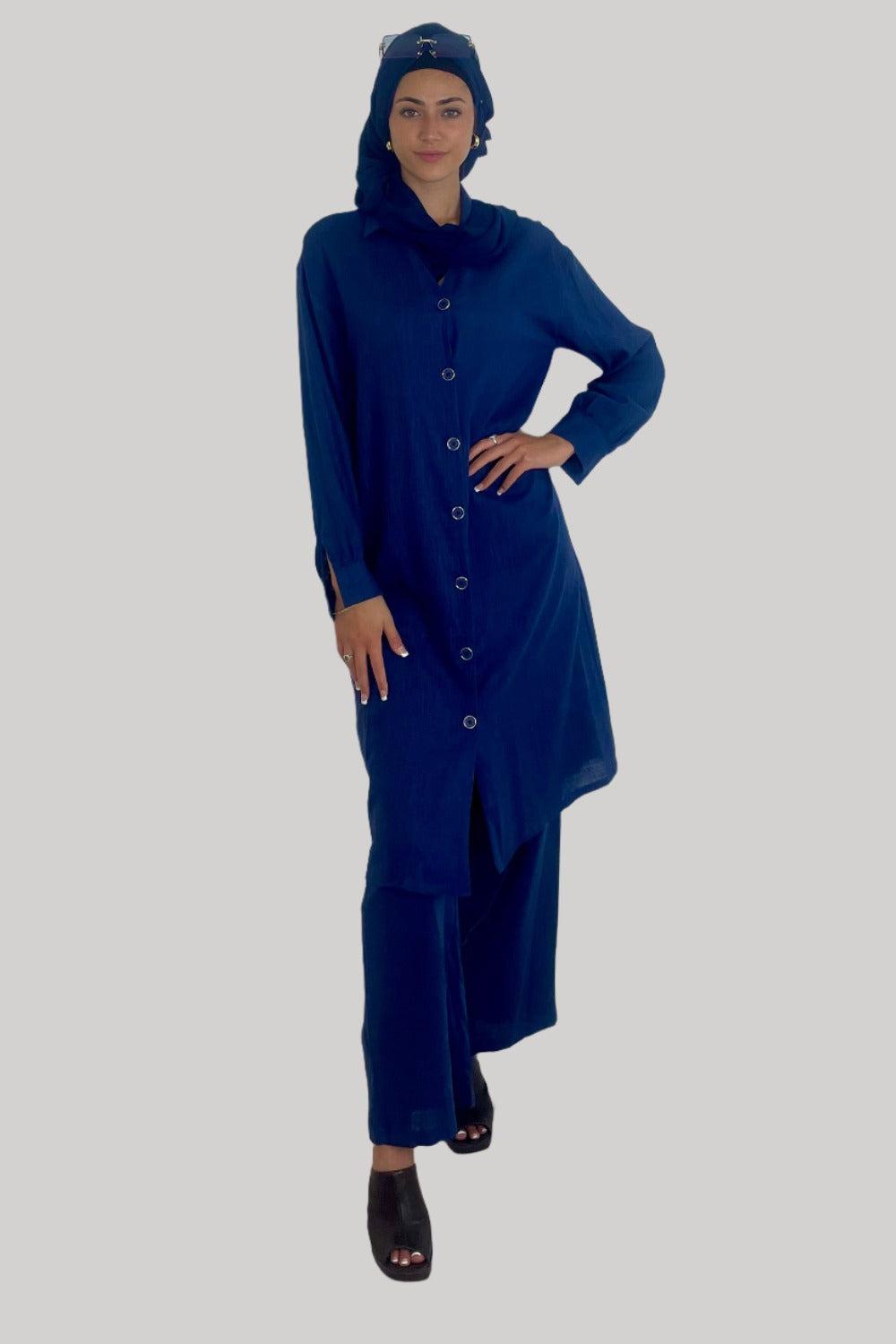 Deep V Neck Button Down Kurti And Wide Leg Trousers Traditional Coord Set-SinglePrice
