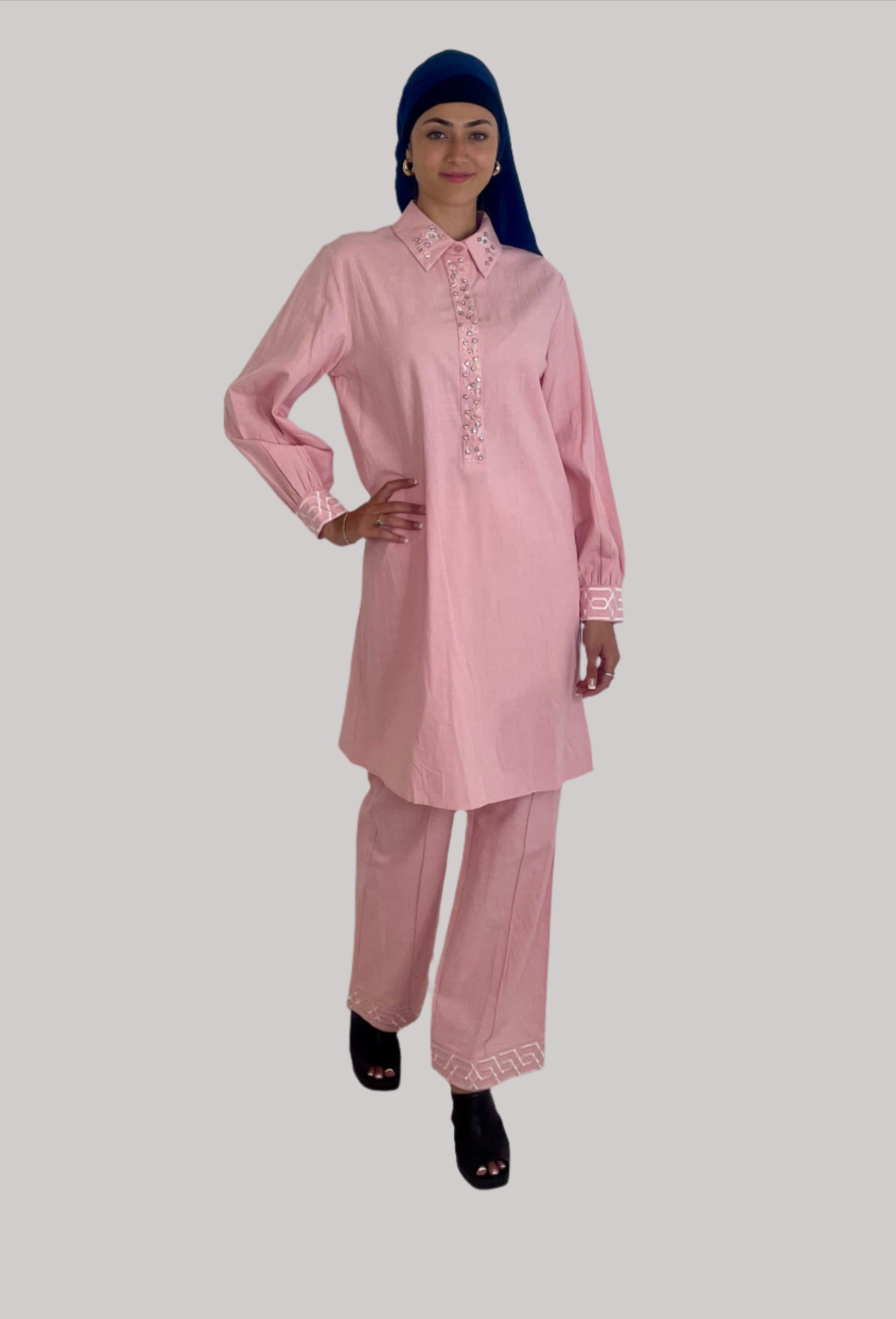 Embroidered Embellished Detail Kurta And Wide Leg Trousers Traditional Coord Set-SinglePrice