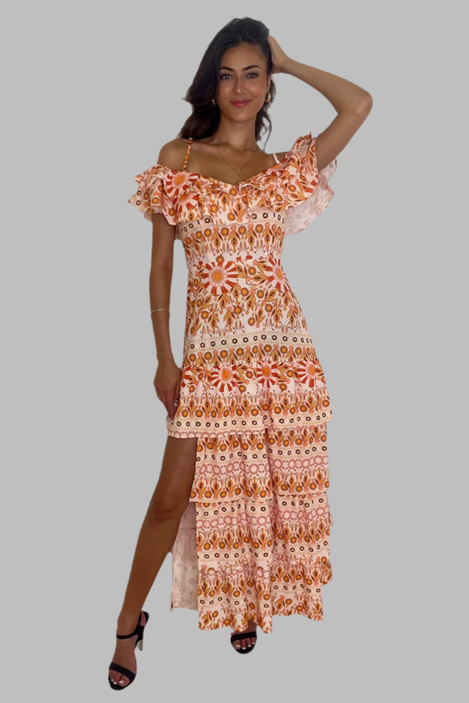 Side Slit Frill Off Shoulder Vibrant Print Spanish Maxi Dress-SinglePrice