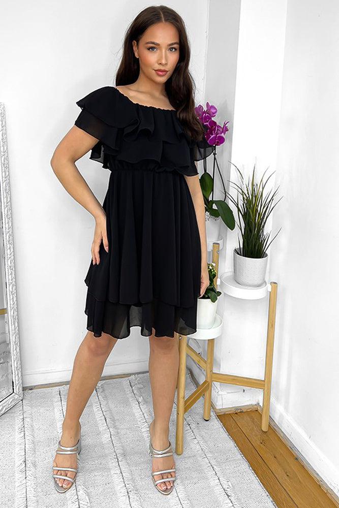 Double Frill Bardot Chiffon Dress