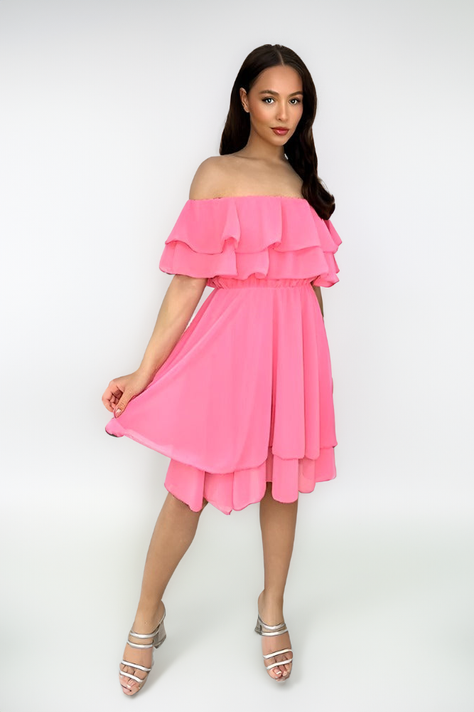 Double Frill Bardot Chiffon Dress