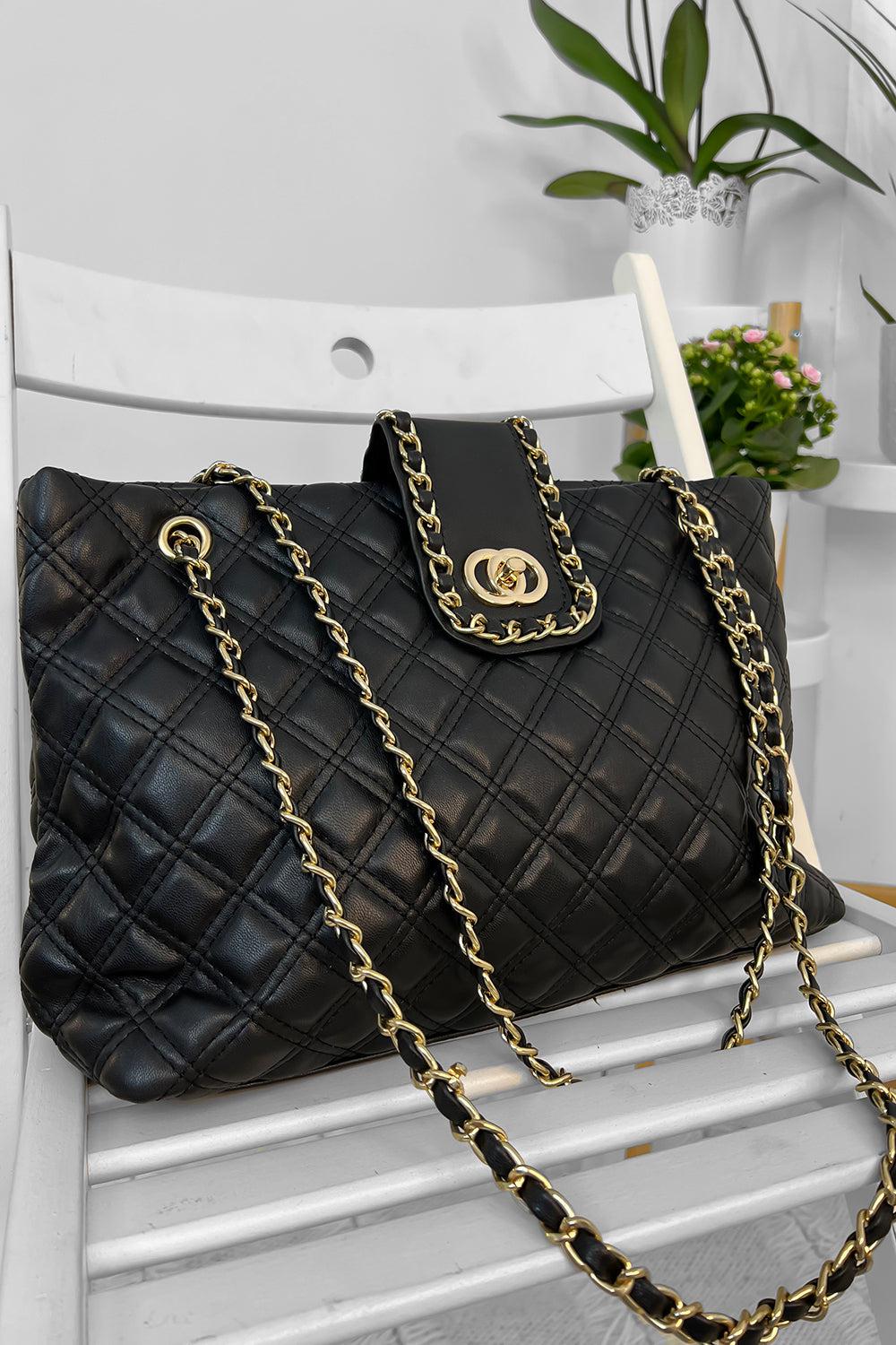 Large Gold Chain Trims Quilted Handbag-SinglePrice