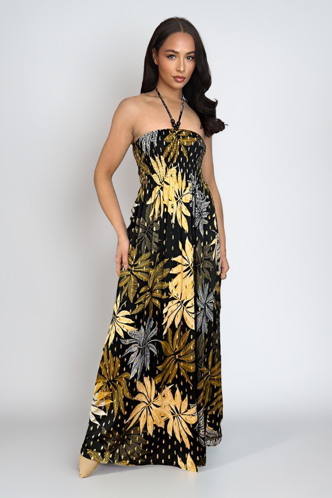 Leaves And Dots Print Shirred Bust Maxi Dress