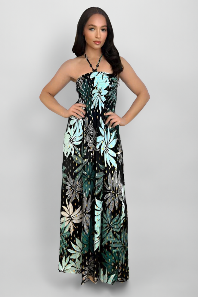 Leaves And Dots Print Shirred Bust Maxi Dress