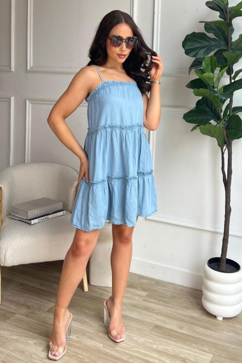 Lightweight Strappy Tiered Denim Dress