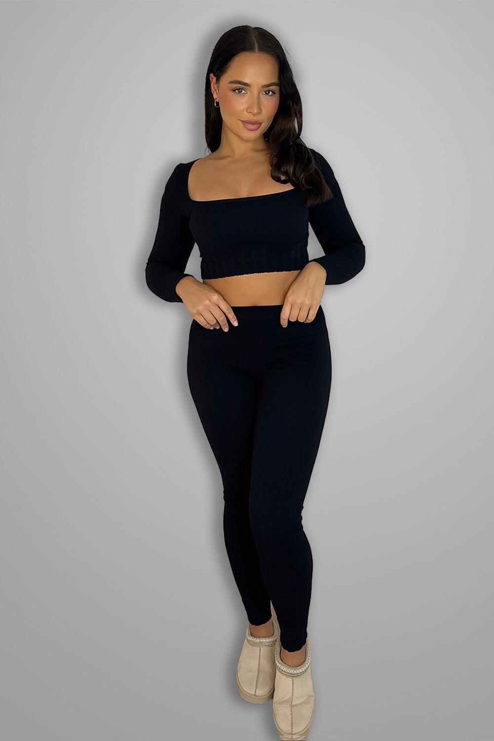 Ribbed Stretch Jersey Square Neck Top And Leggings Set-SinglePrice