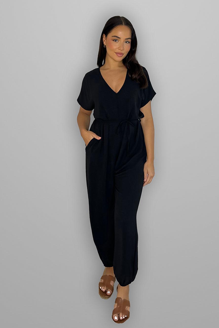 V-Neck Waist Tie Jumpsuit-SinglePrice