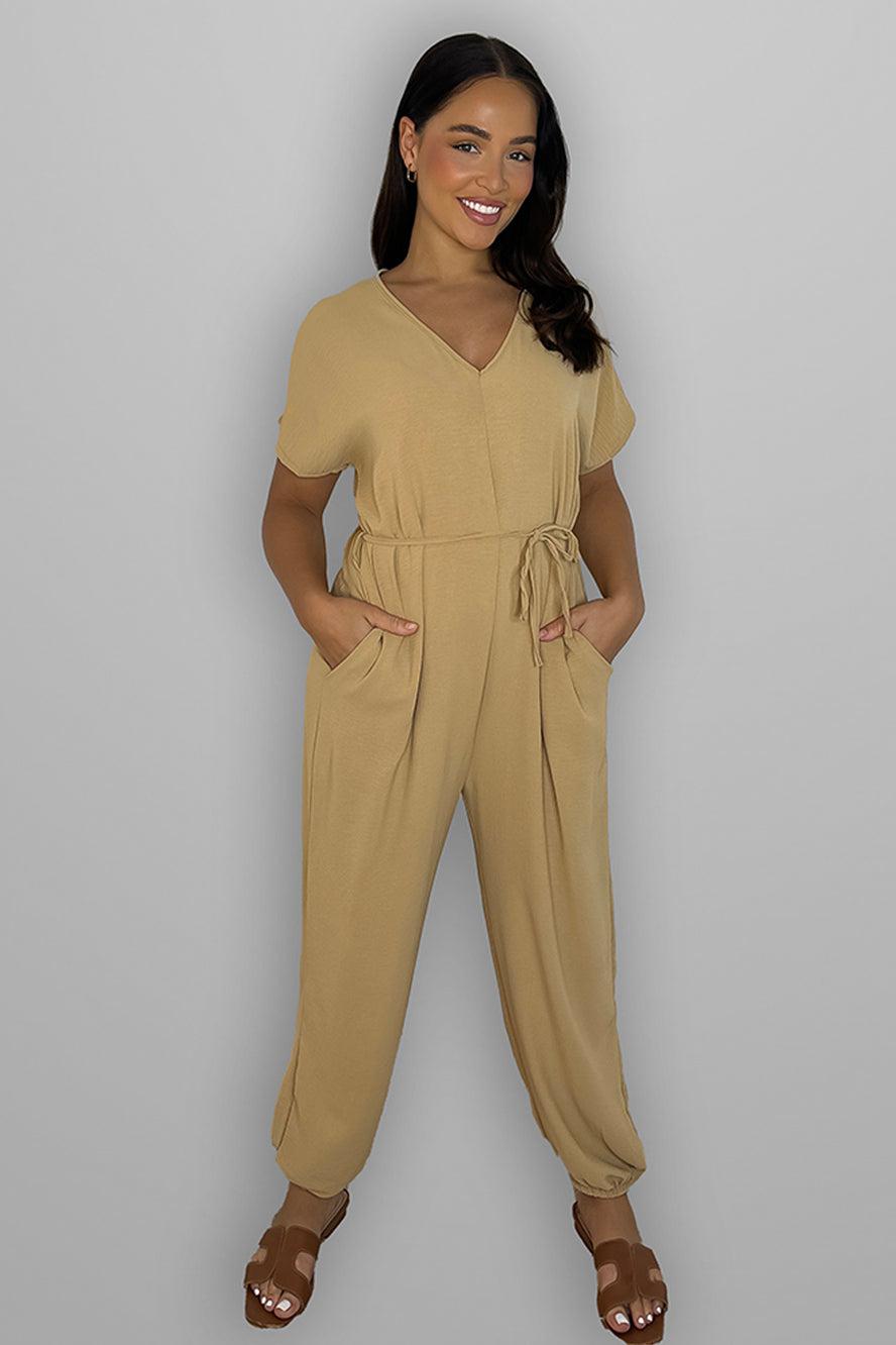 V-Neck Waist Tie Jumpsuit-SinglePrice