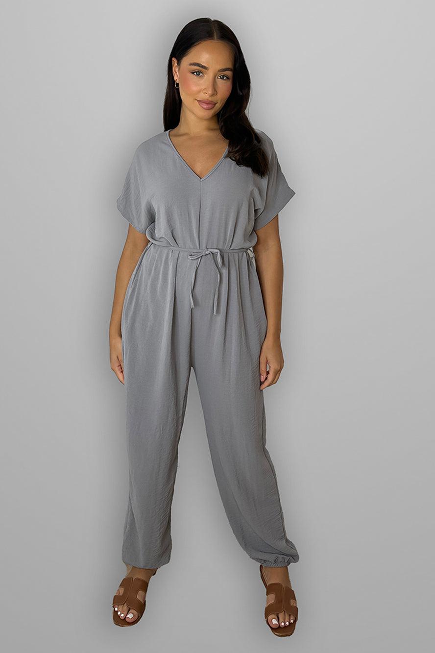 V-Neck Waist Tie Jumpsuit-SinglePrice