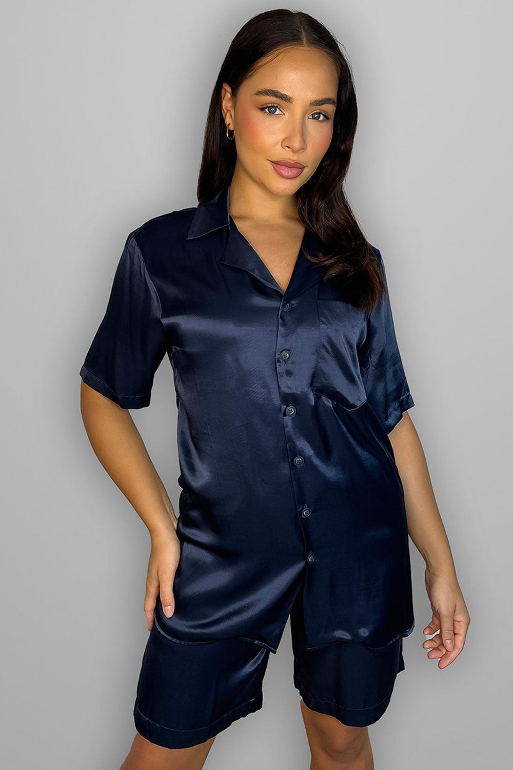 Navy Satin Shirt and Shorts Pyjama Set-SinglePrice