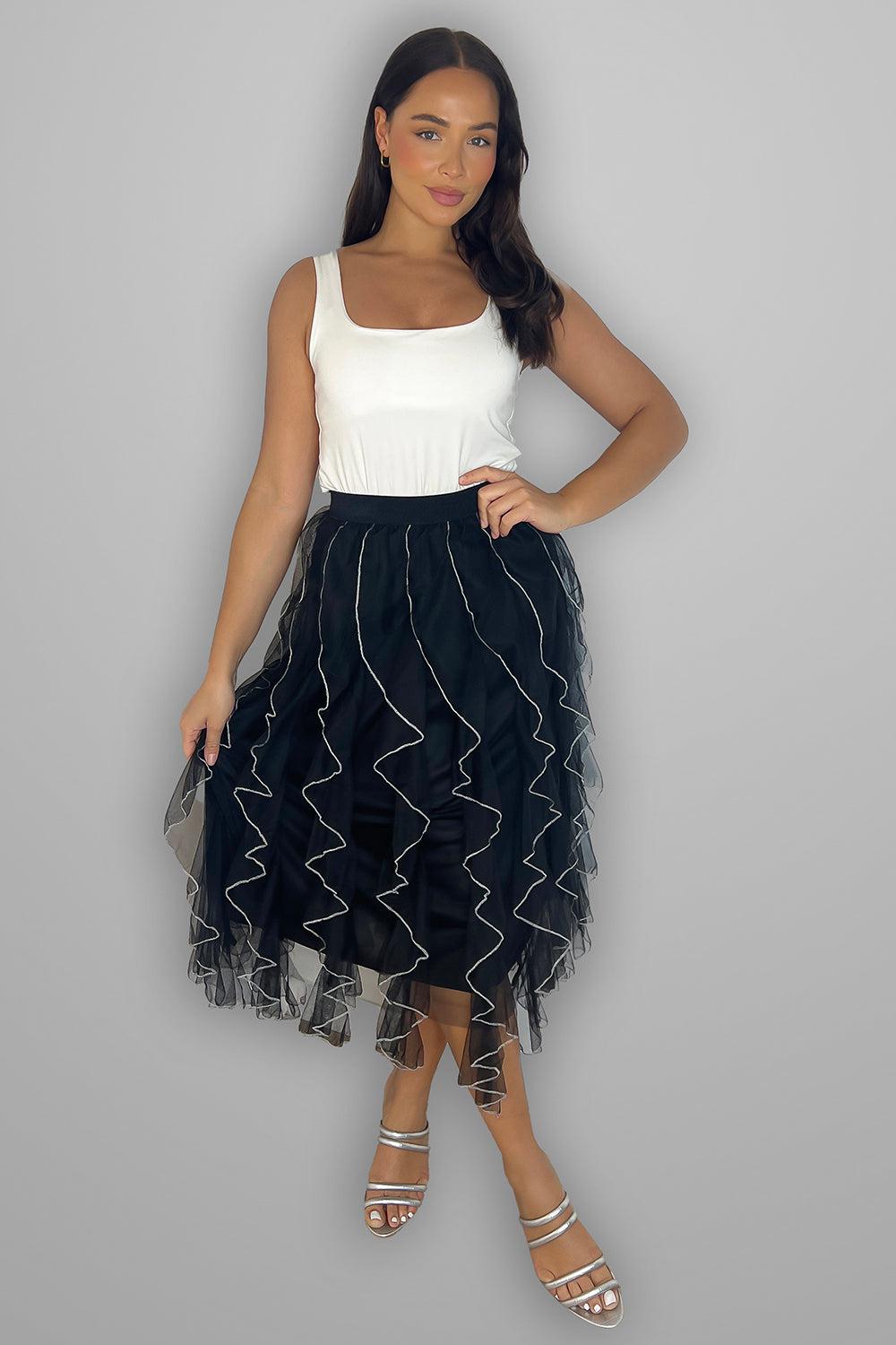 Contrast Trim Vertical Frills Net Midi Skirt-SinglePrice