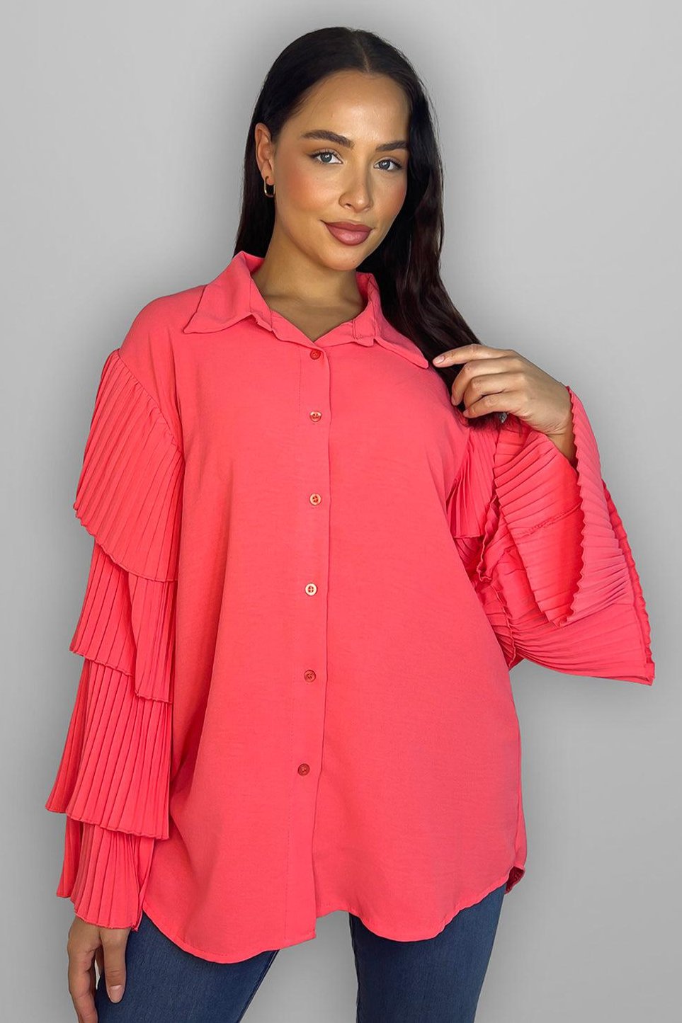 Frilled Sleeves Longline Shirt Blouse-SinglePrice