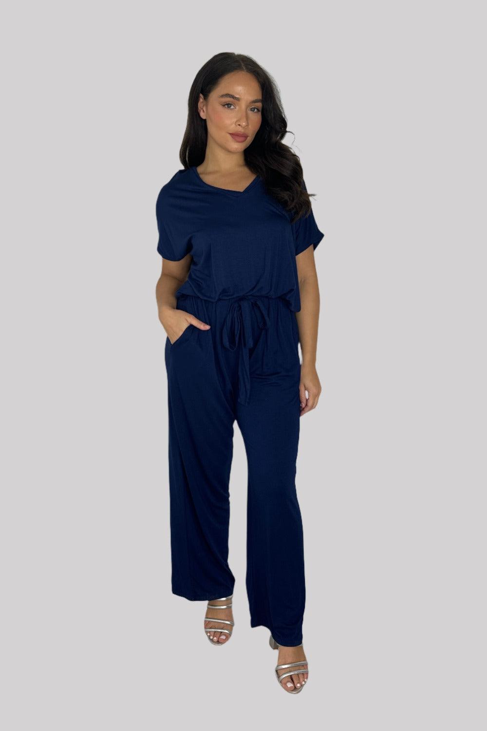 Viscose Blend V-Cut Short Sleeve Casual Tie Up Jumpsuit-SinglePrice